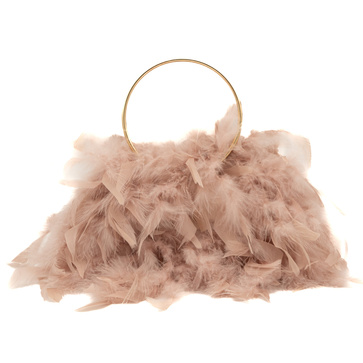 Bolso de mano de plumas rosa palo con asas de aro metálico