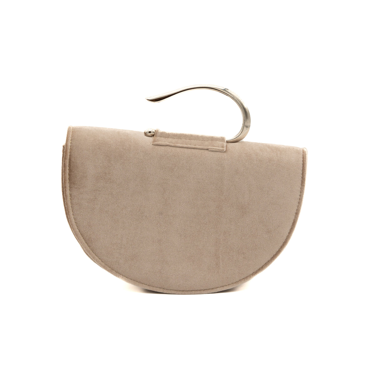 Bolso de mano de antelina taupe en forma de media luna con asa metálica