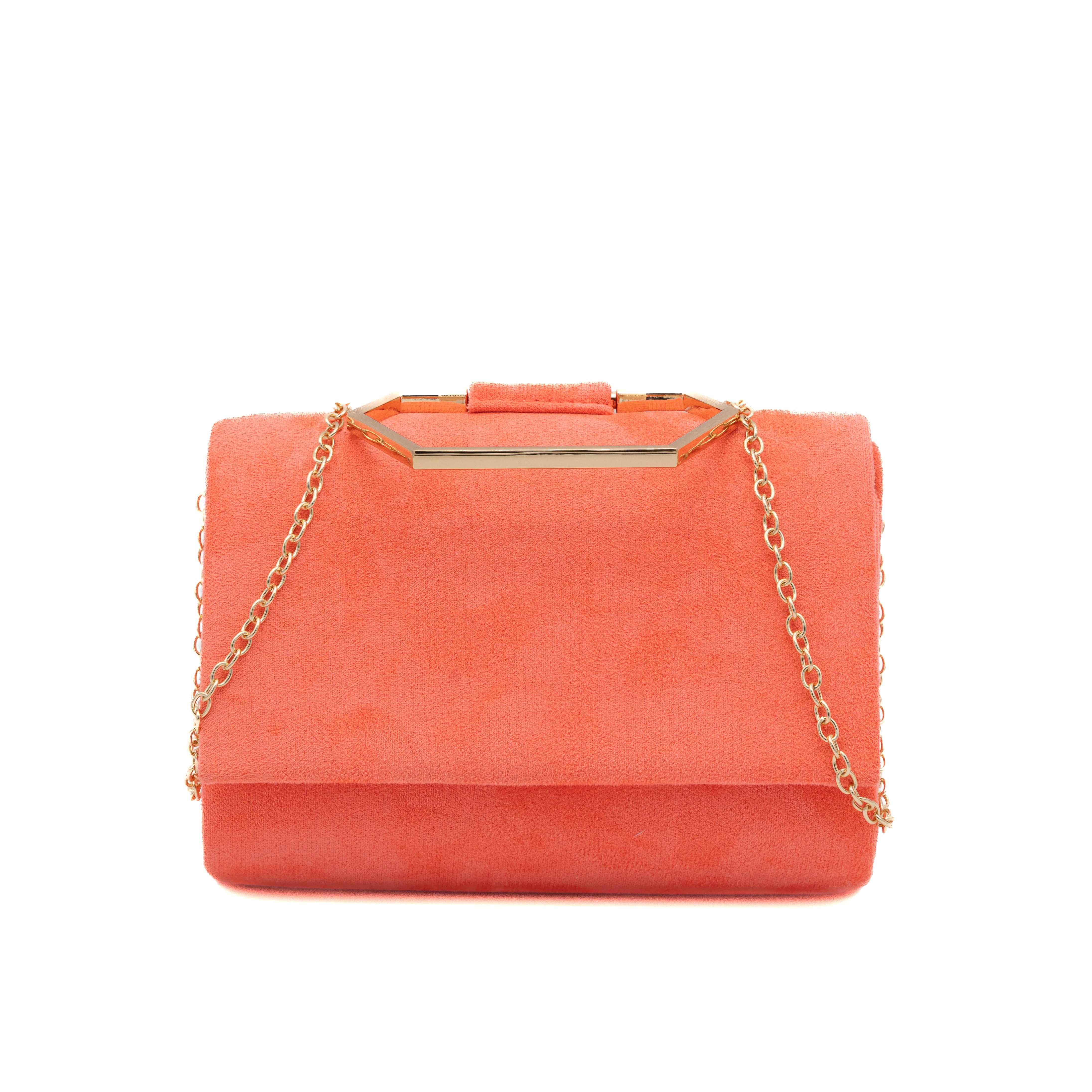 Bolso de mano de antelina coral con asa geométrica metálica