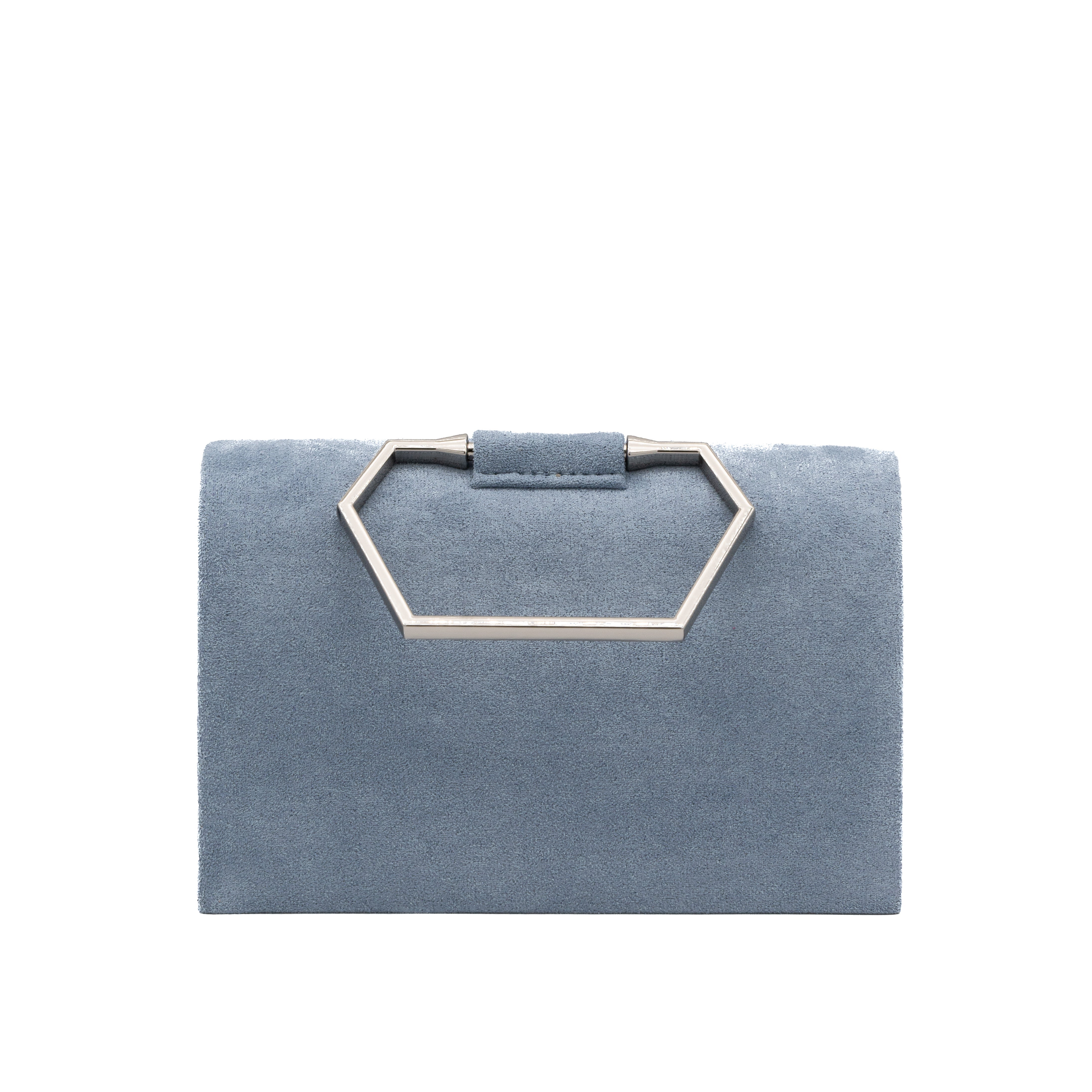 Bolso de mano de antelina azul gris con asa geométrica metálica