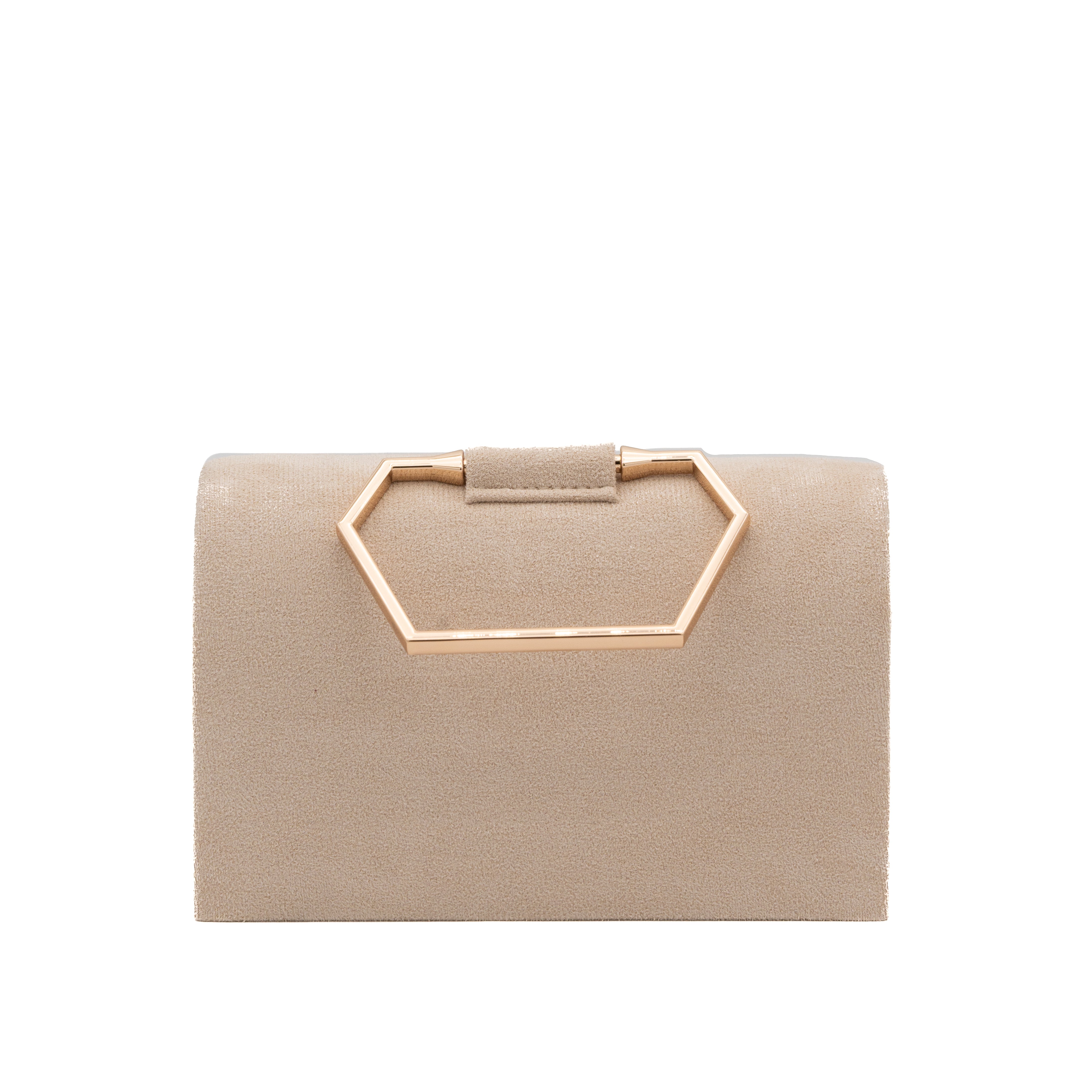 Bolso de mano de antelina beige con asa geométrica metálica