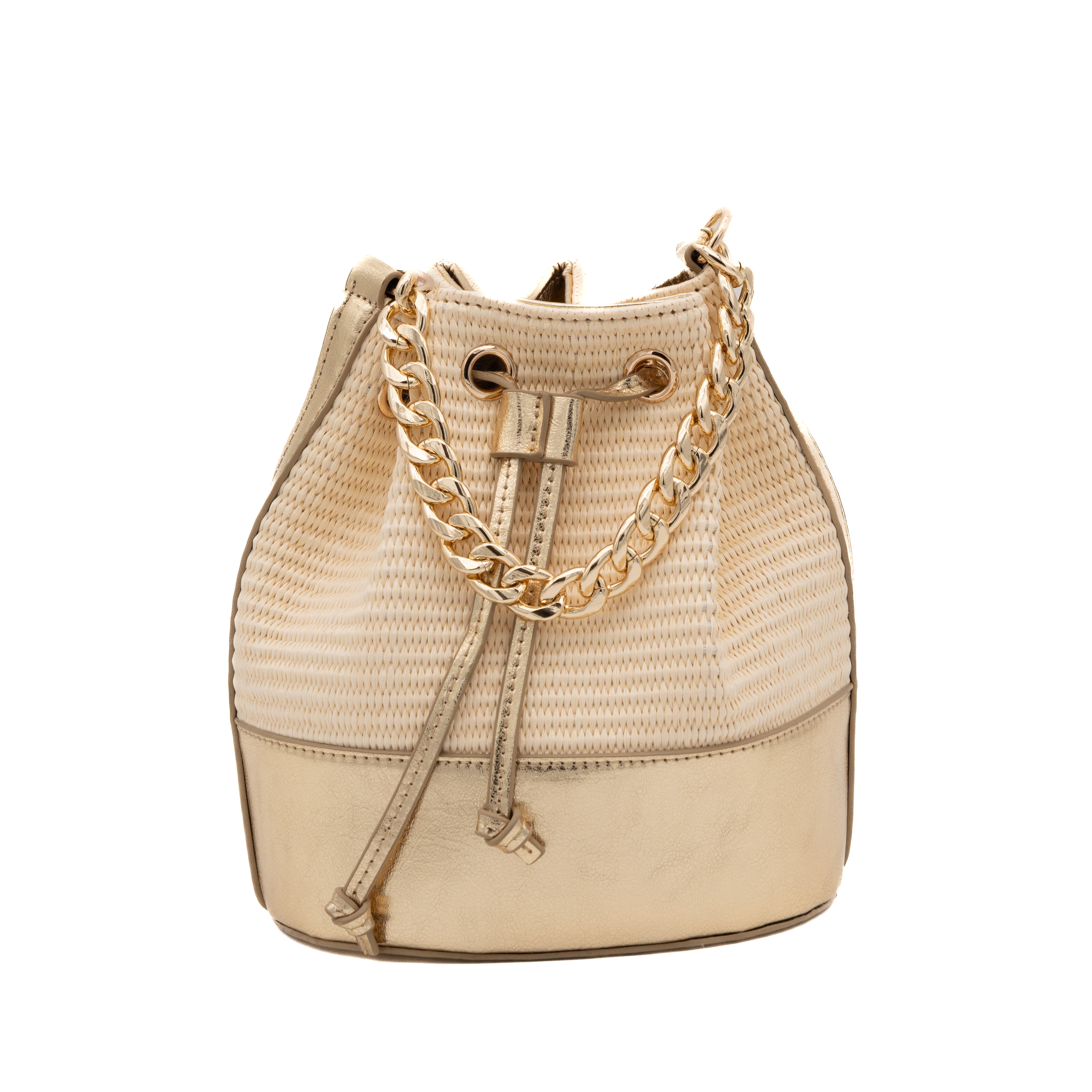 Bolso de fiesta bombonera de rafia con base polipiel metalizada oro claro