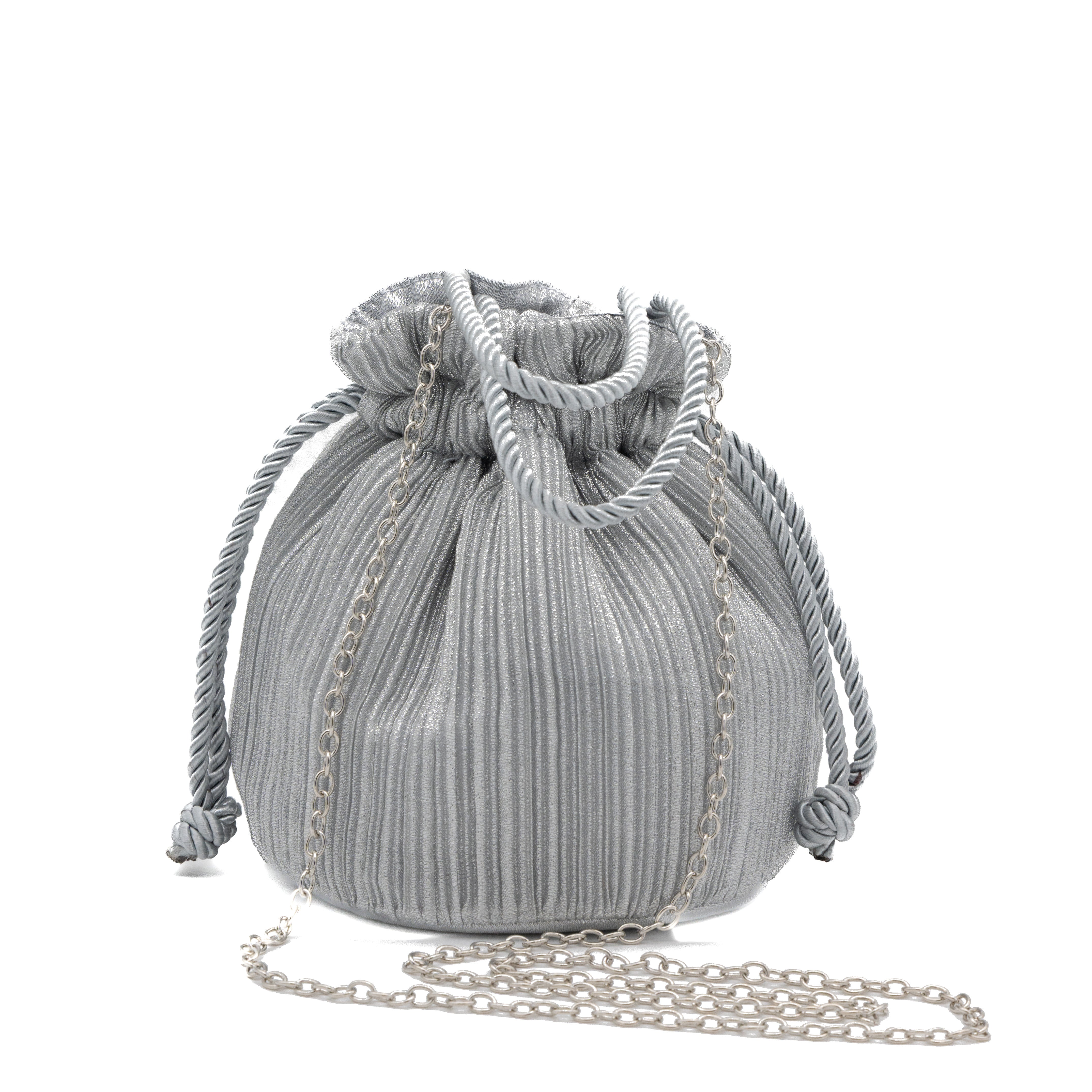 Bolso de fiesta bombonera plisada con asa de cordón plata