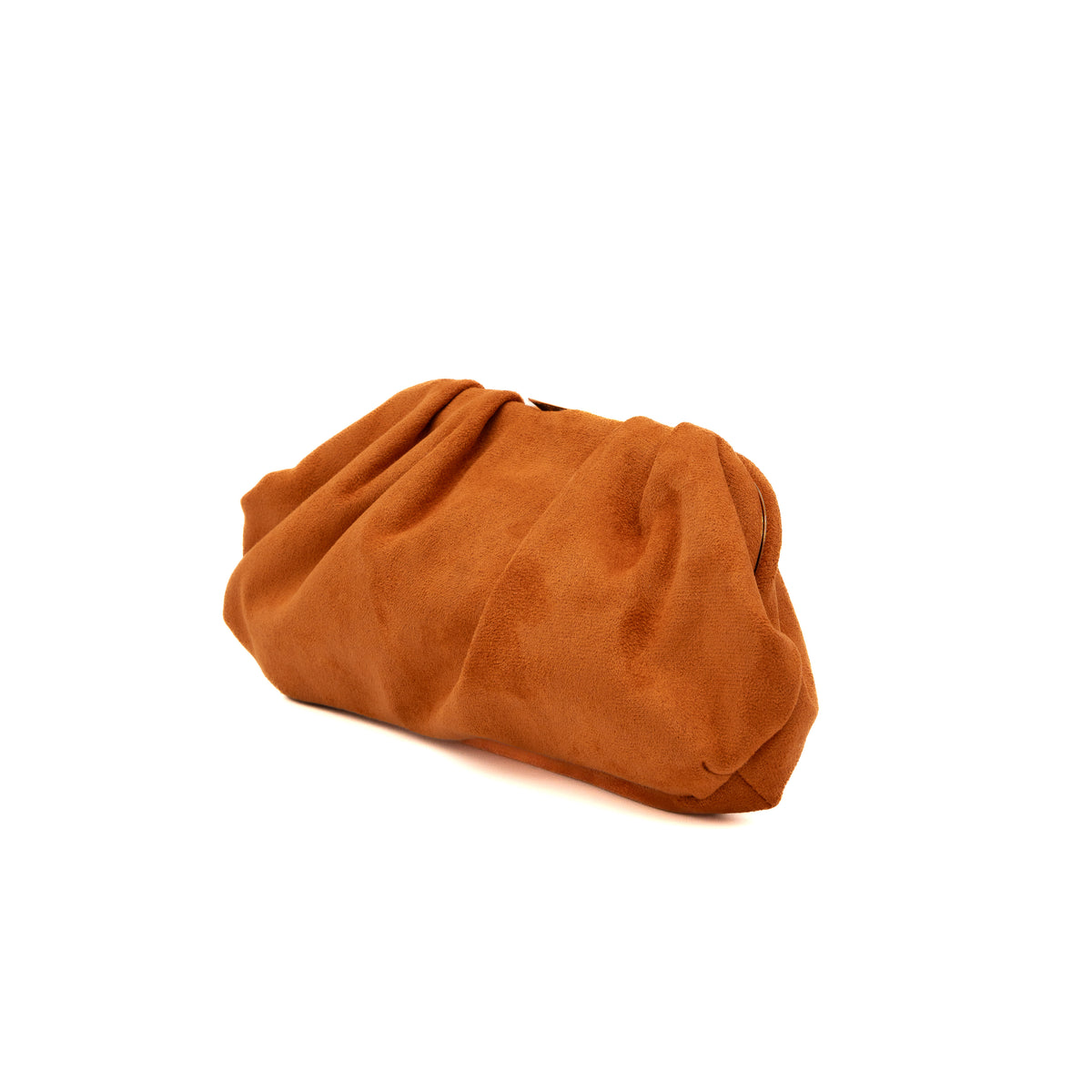 Bolso de fiesta tipo antelina ladrillo con detalle de media luna metálica