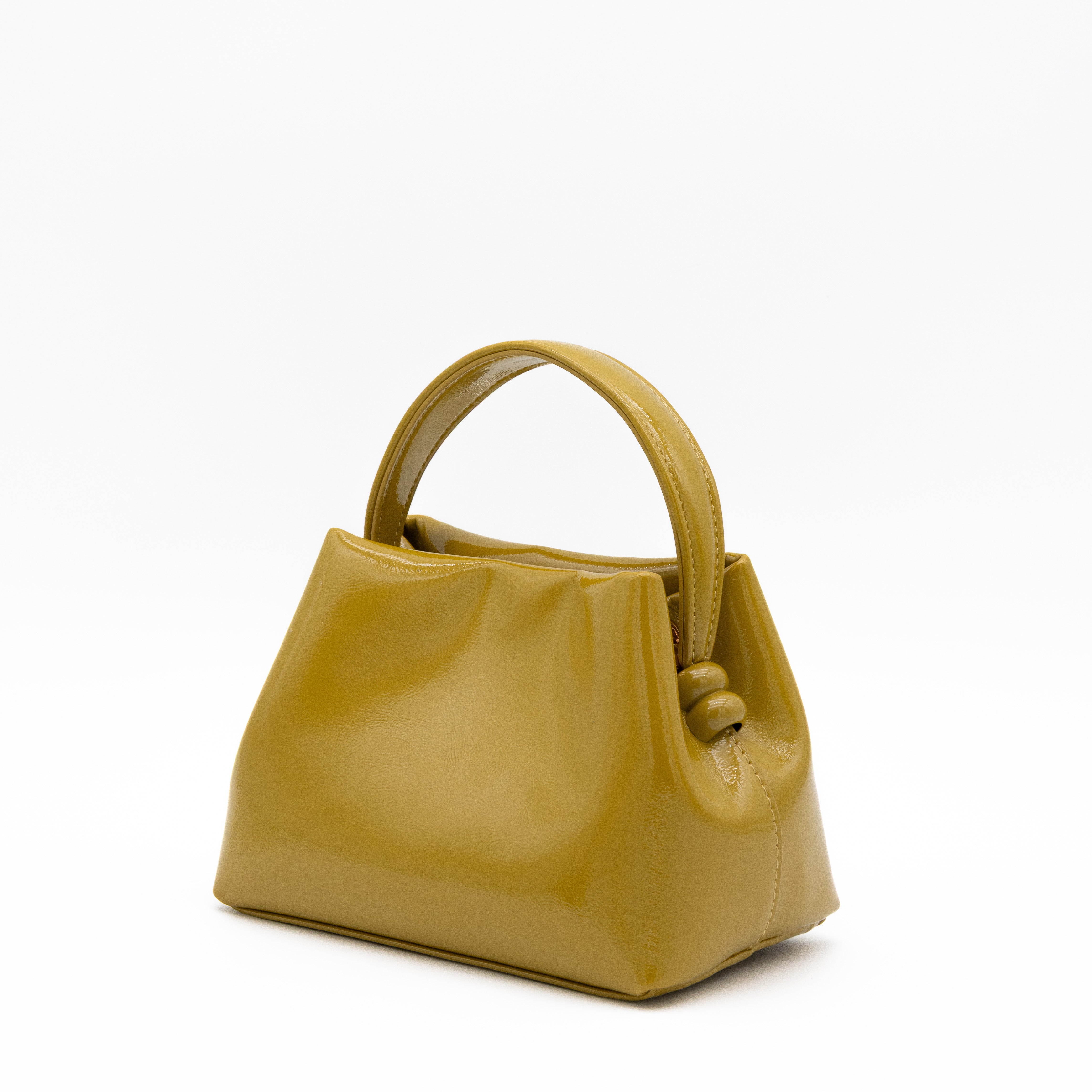 Bolso de fiesta con efecto charol oliva, diseño estructurado y correa combinada metálica y sintética