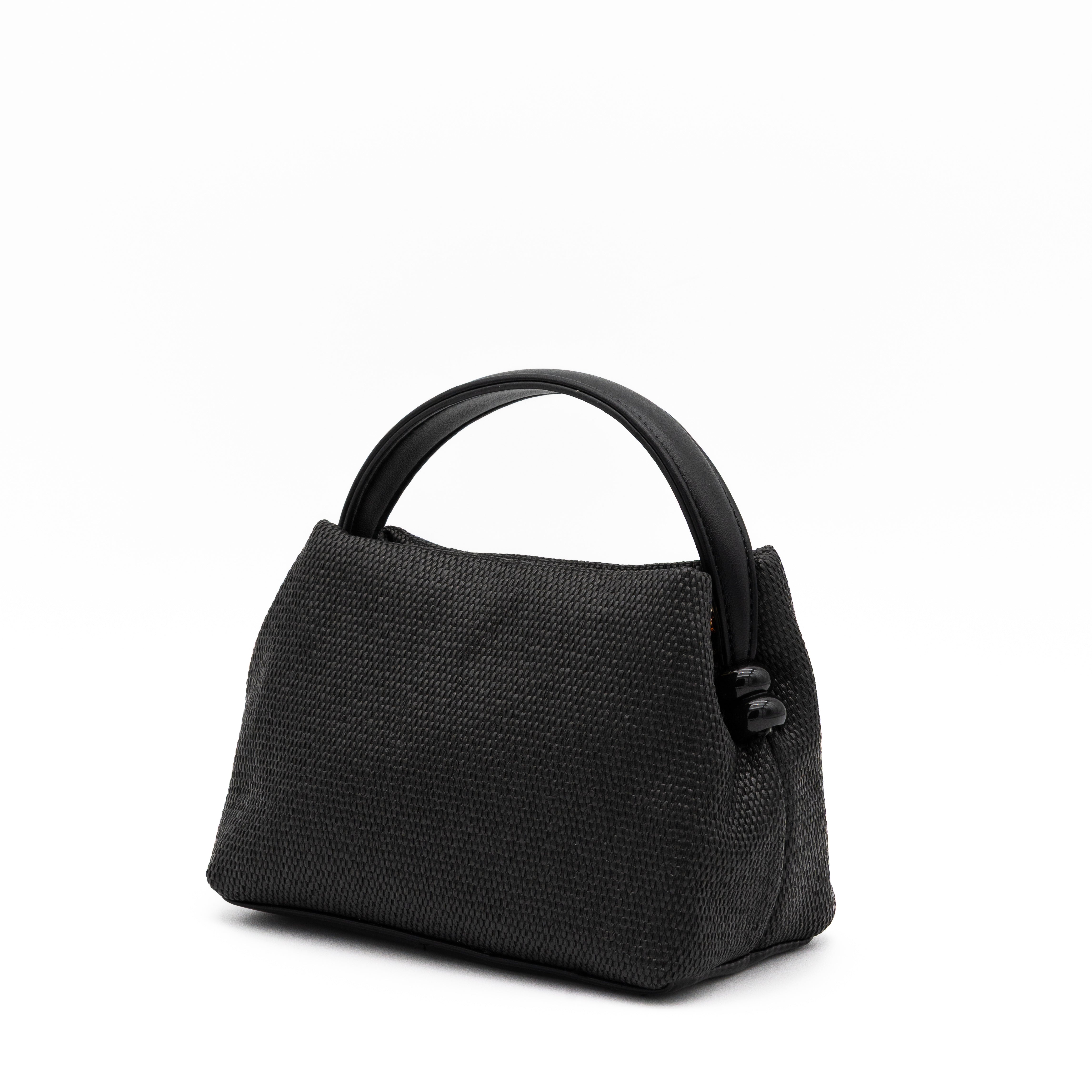Bolso de fiesta de rafia negro con asa rígida y correa desmontable