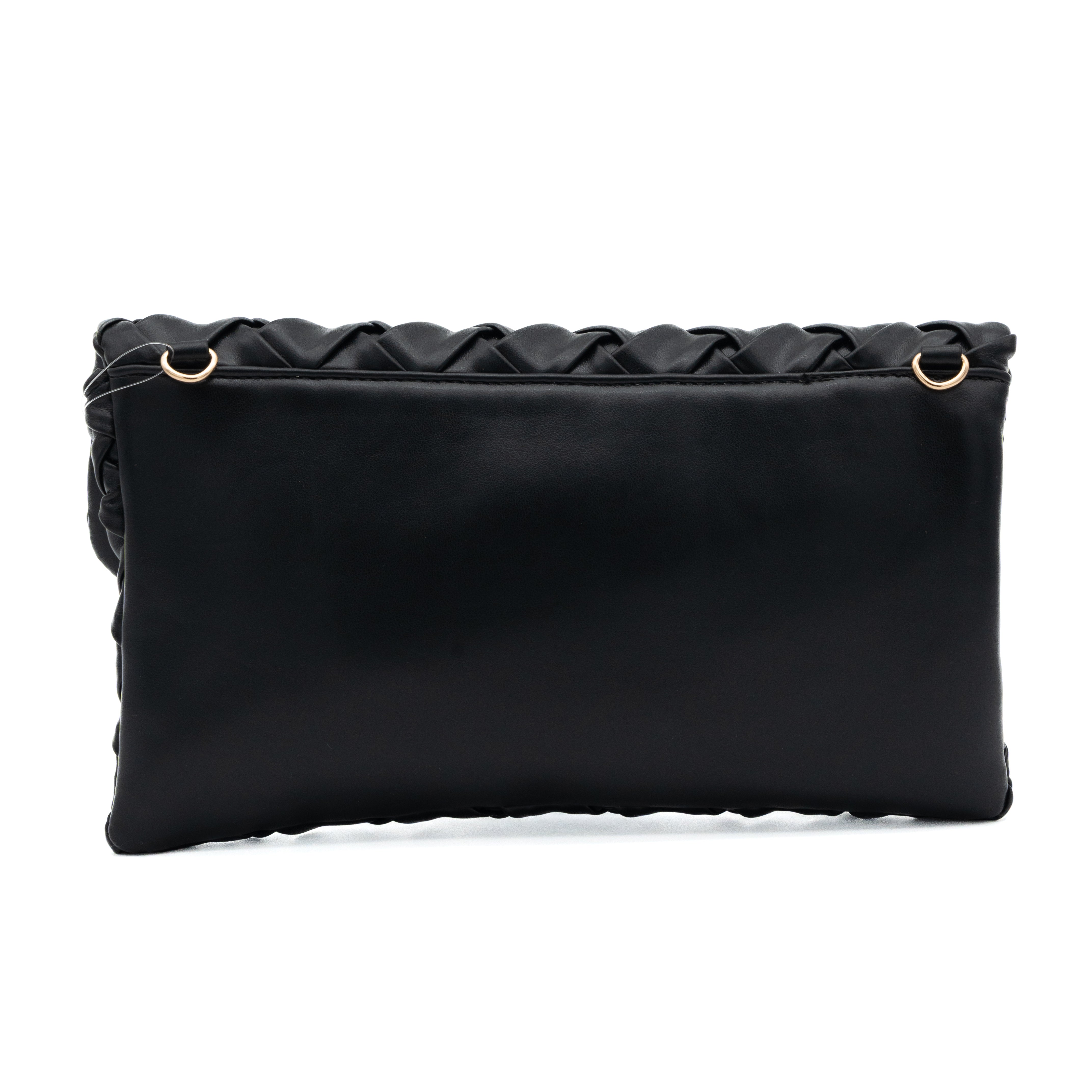 Bolso clutch de polipiel trenzada negro con solapa y cadena