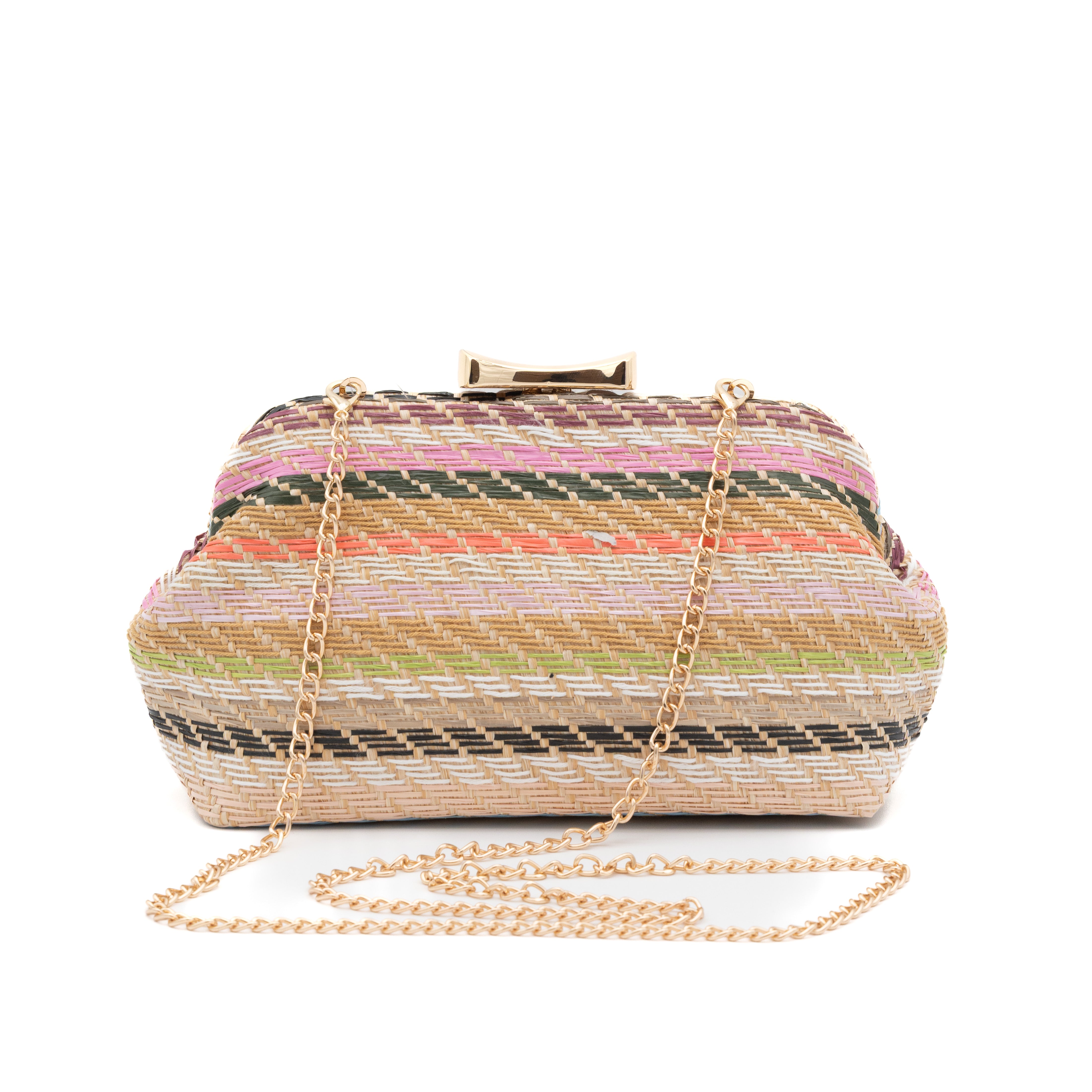 Bolso clutch de fiesta en rafia multicolor rosa con diseño de rayas