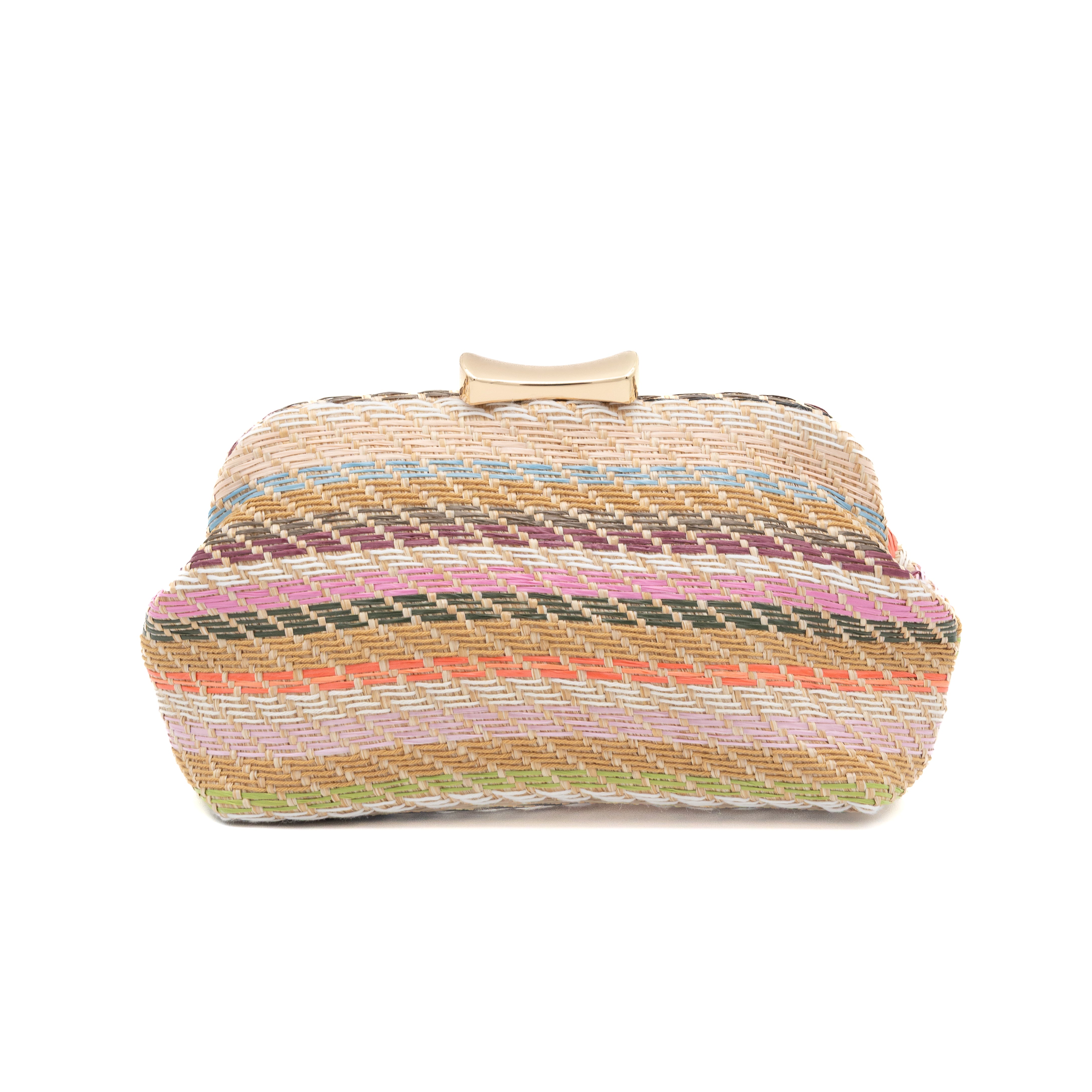 Bolso clutch de fiesta en rafia multicolor rosa con diseño de rayas