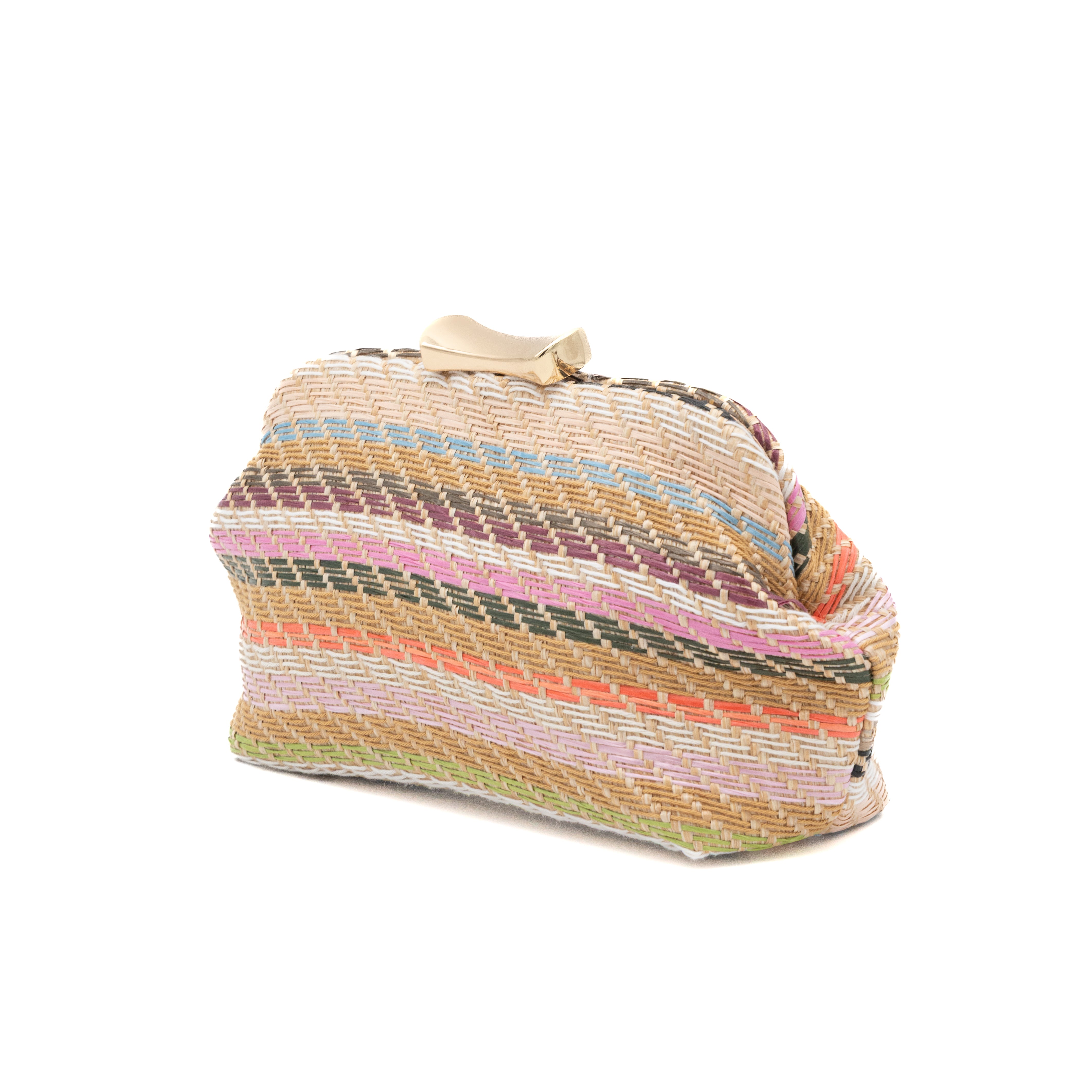 Bolso clutch de fiesta en rafia multicolor rosa con diseño de rayas