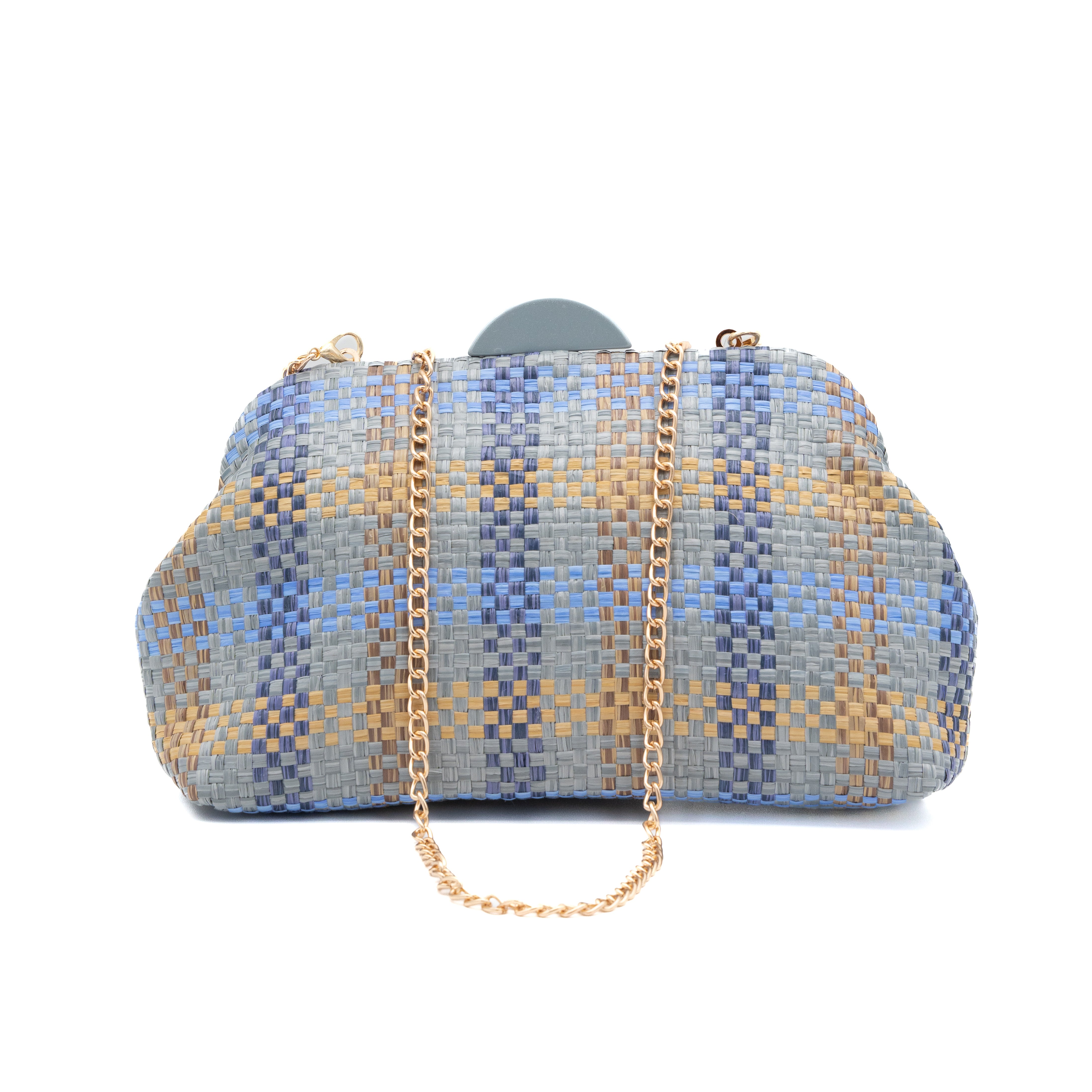 Bolso clutch de fiesta en rafia multicolor azul con diseño de cuadros