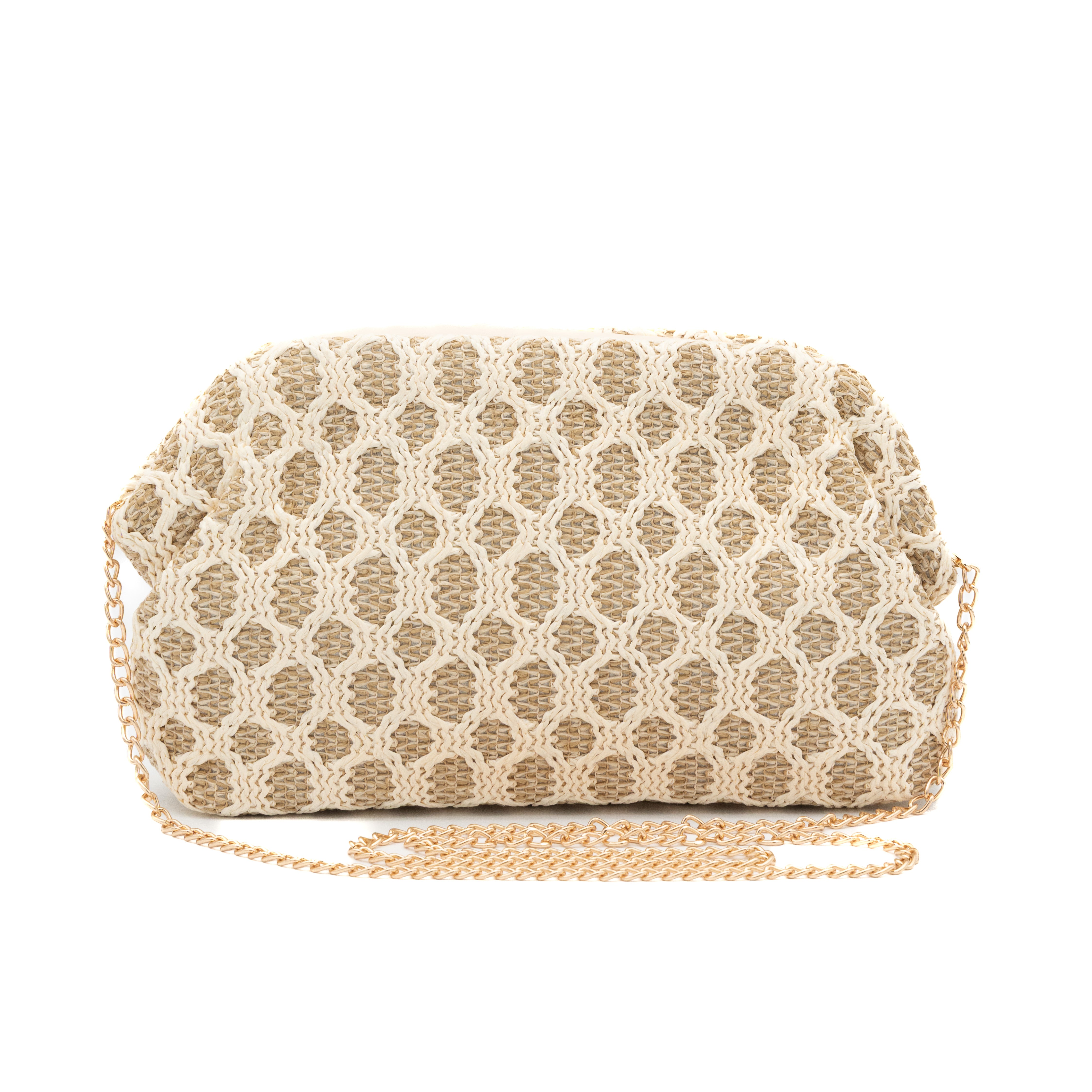Bolso clutch de fiesta en rafia con patrón geométrico color beige