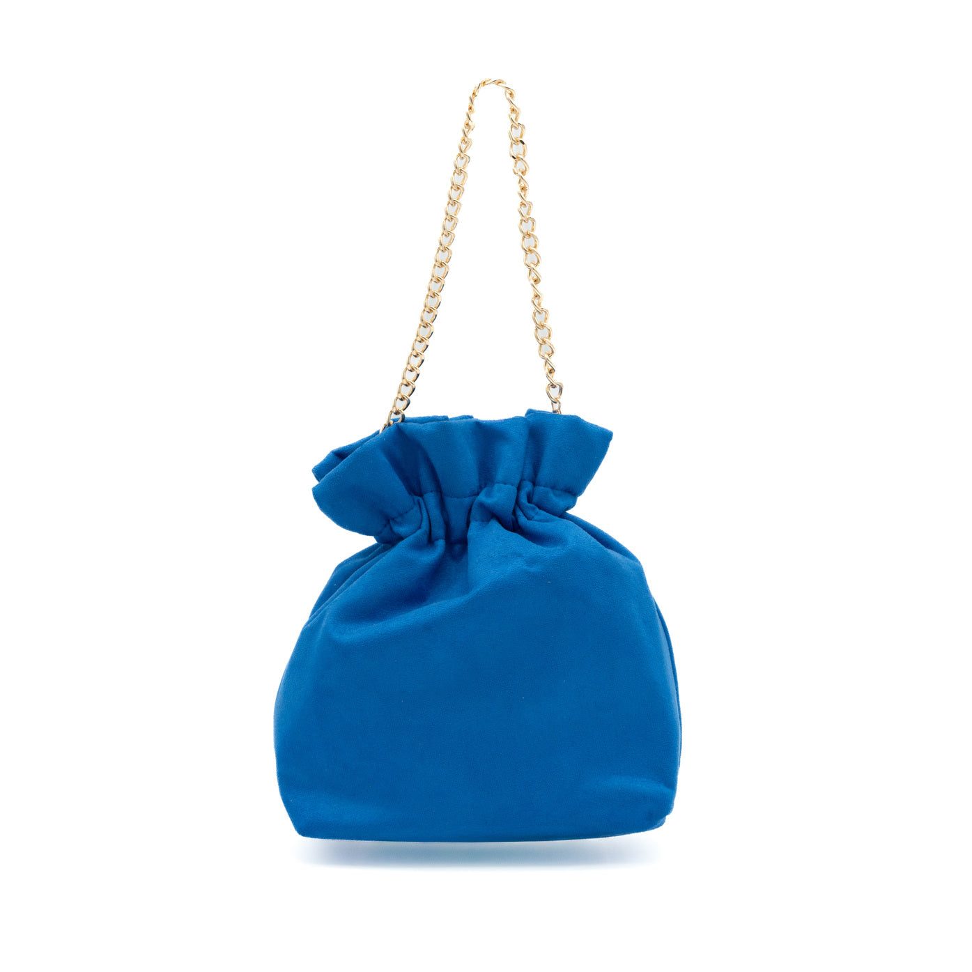 Bolso bombonera de fiesta en antelina azulón con asa de cadena y diseño fruncido, ideal para bodas y cócteles