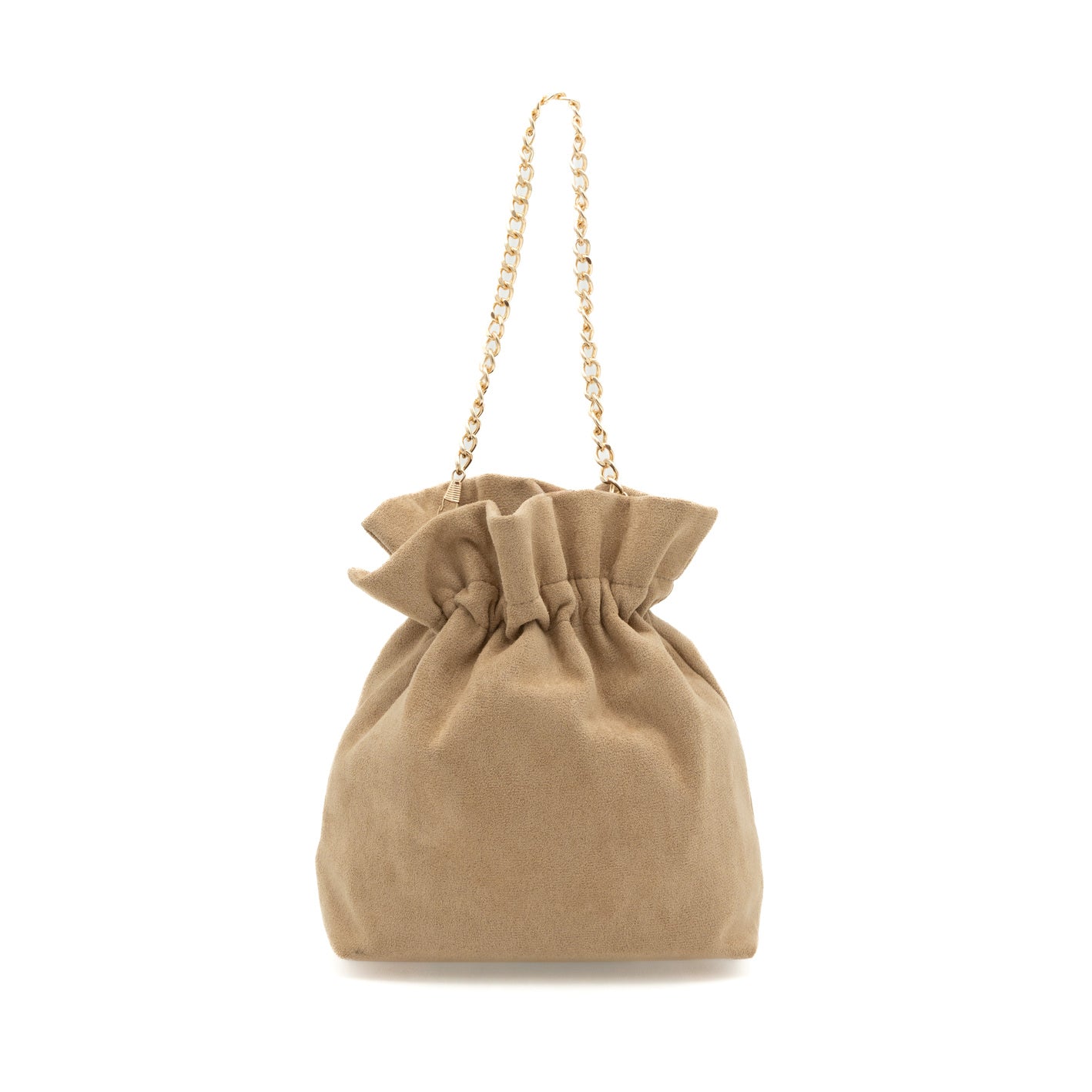 Bolso bombonera de fiesta en antelina taupe con asa de cadena y diseño fruncido, ideal para bodas y cócteles