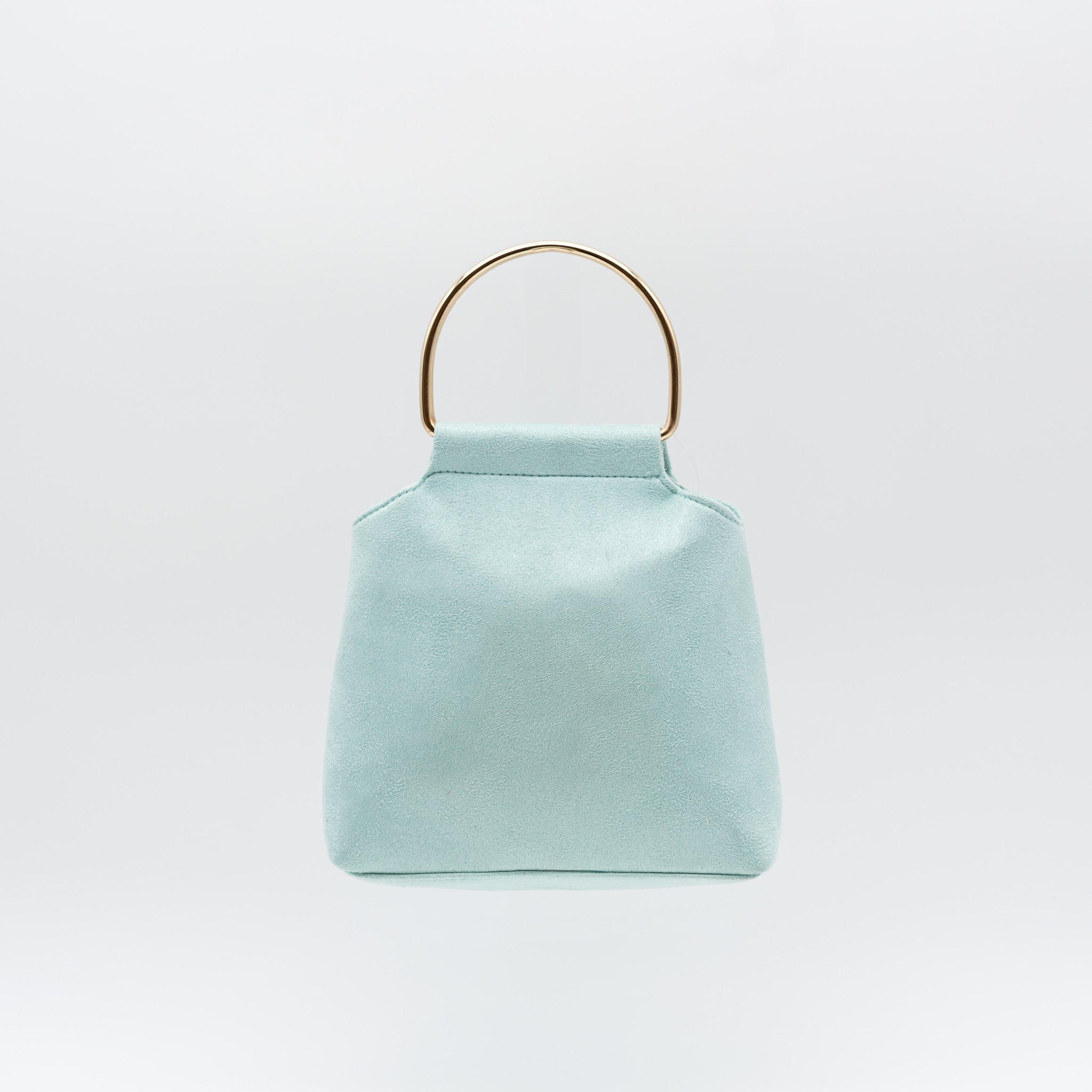 Bolso de fiesta en antelina verde agua con asa circular metálica y cierre magnético, ideal para bodas y cócteles