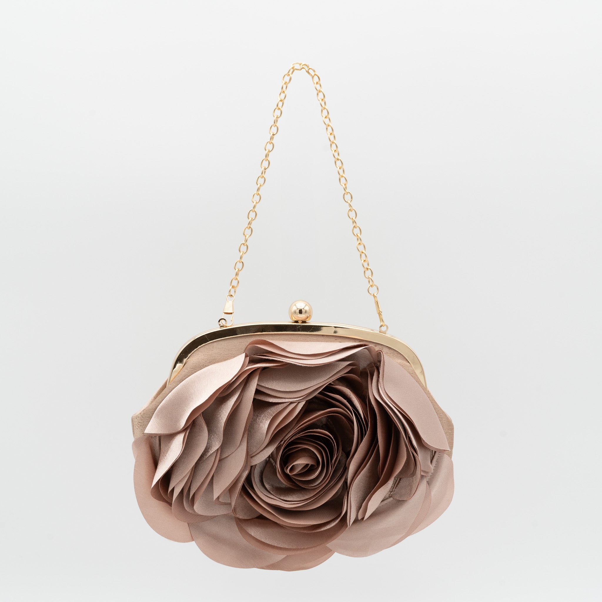 Bolso de fiesta con diseño floral en raso oro y cadena dorada