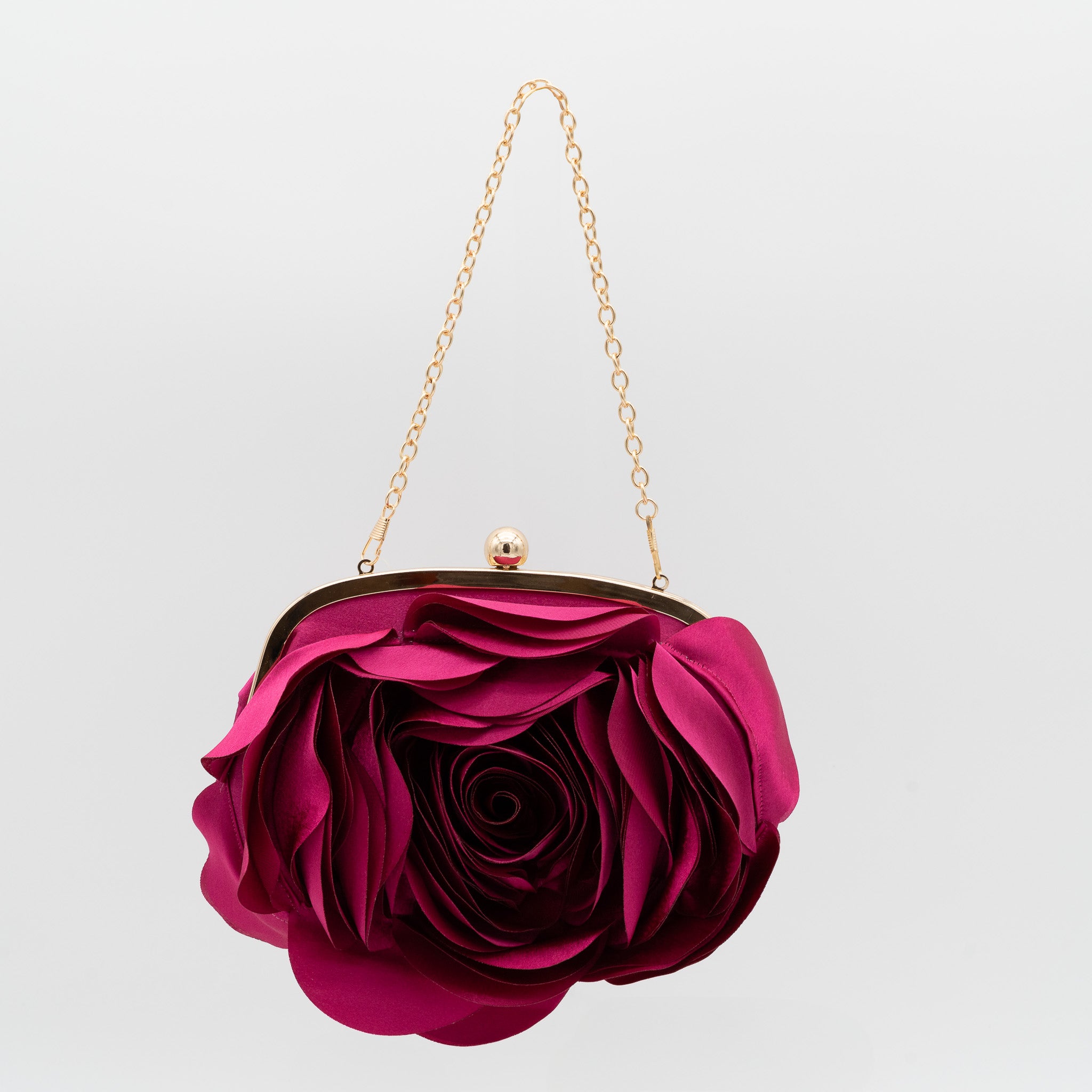 Bolso de fiesta con diseño floral en raso morado rojo y cadena dorada