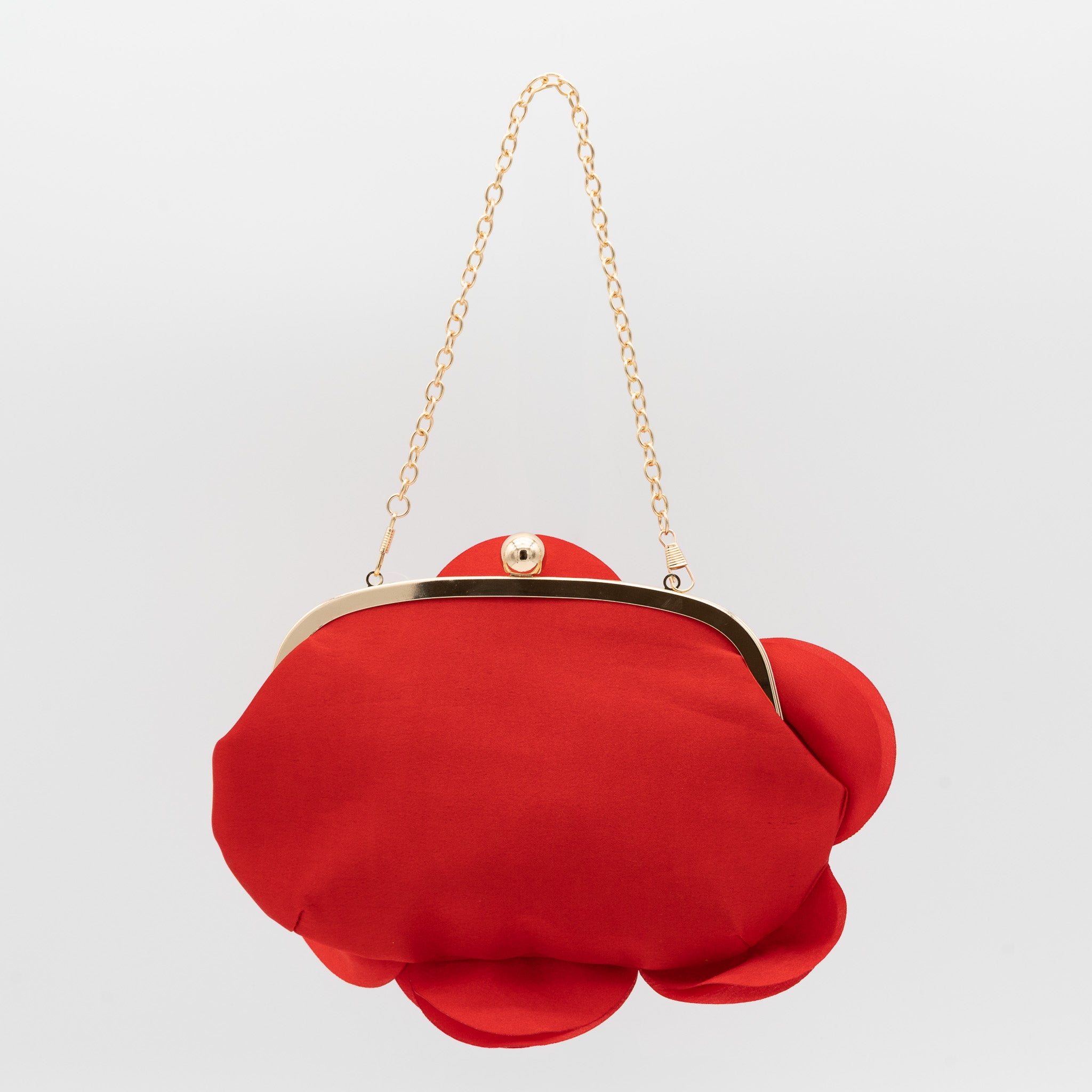 Bolso de fiesta con diseño floral en raso rojo y cadena dorada