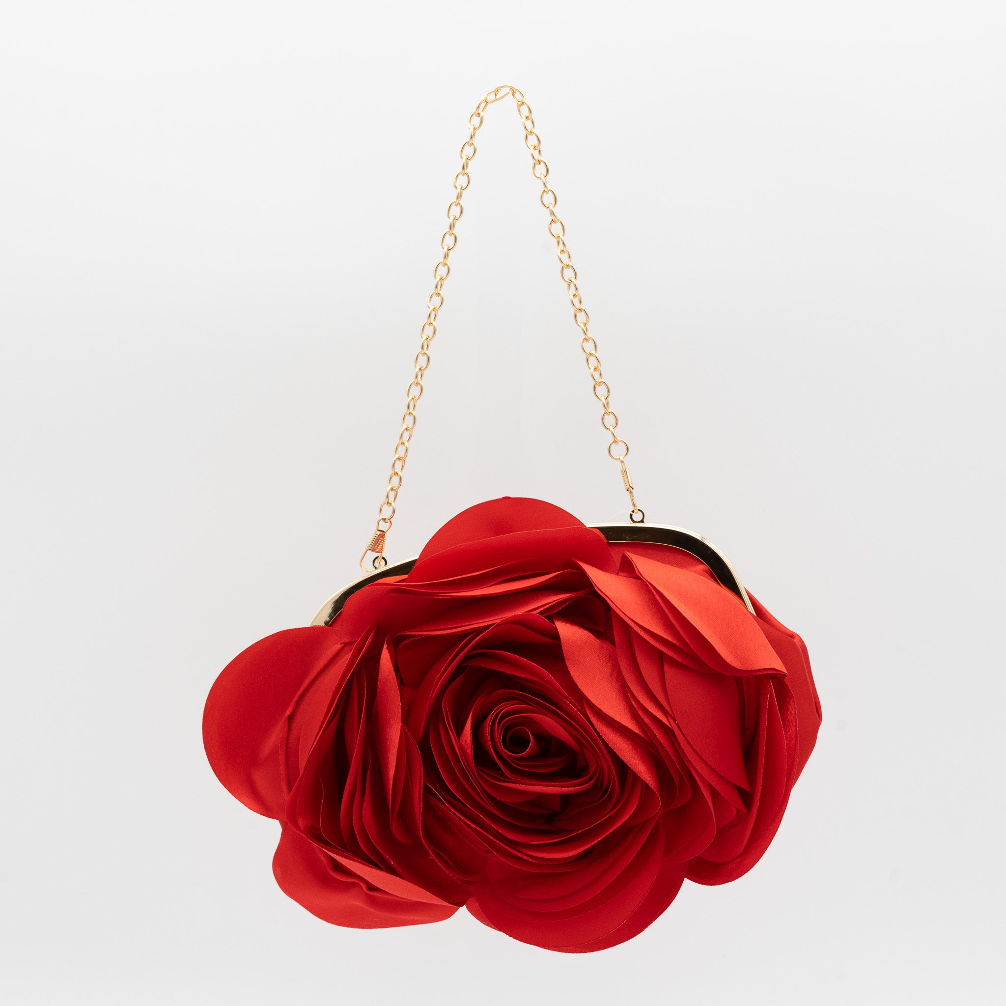 Bolso de fiesta con diseño floral en raso rojo y cadena dorada