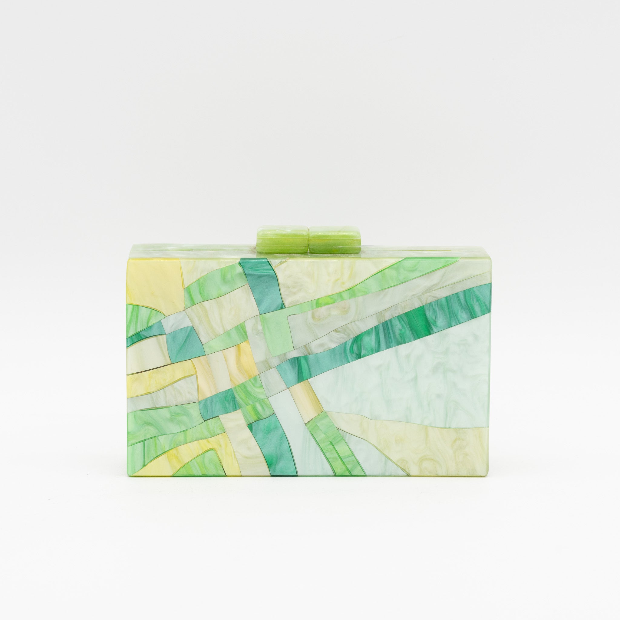 Bolso de fiesta rígido en nácar verde con diseño abstracto de líneas curvas en varios tonos, ideal para eventos elegantes