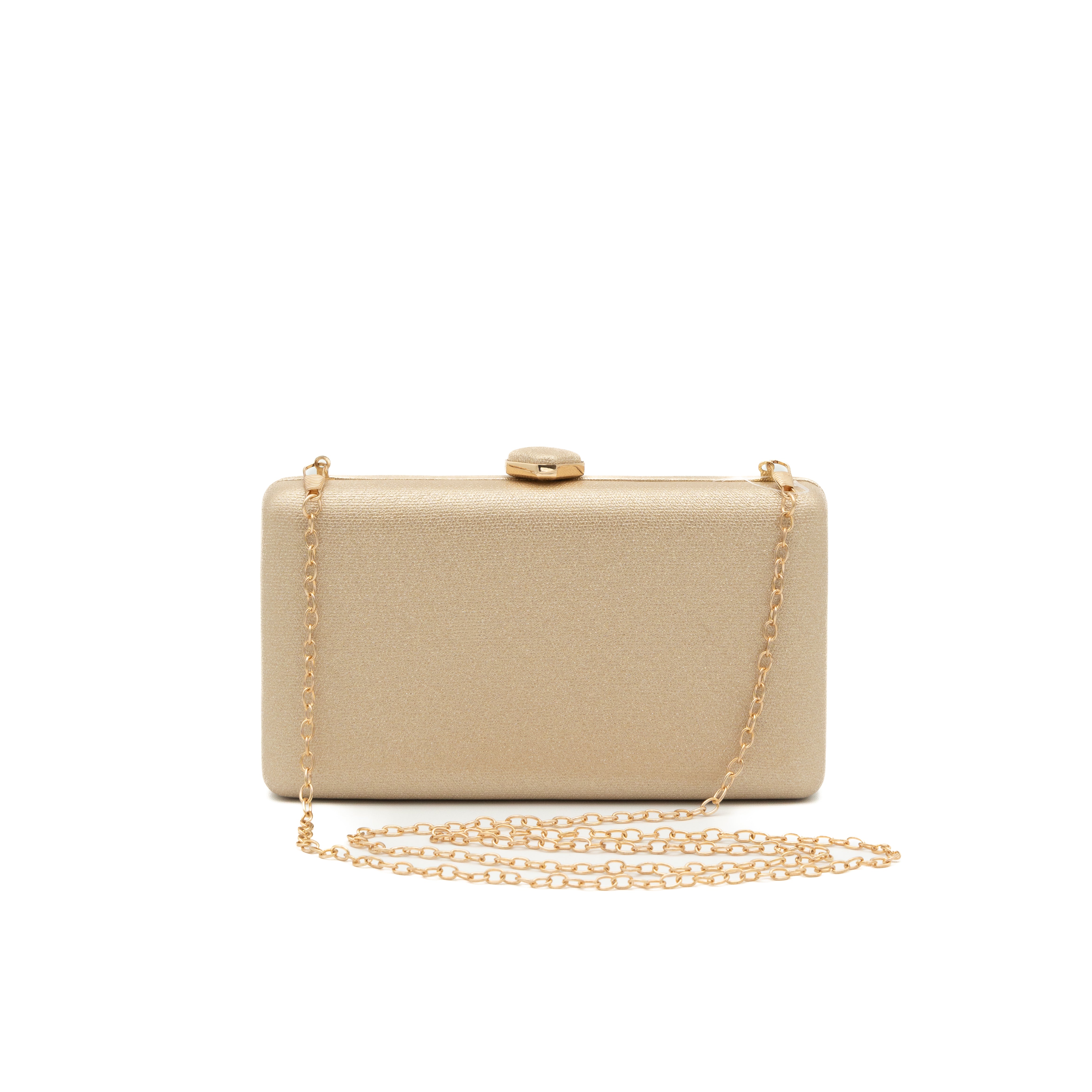 Bolso clutch de polipiel metalizado oro claro con cierre superior hexagonal y cadena desmontable