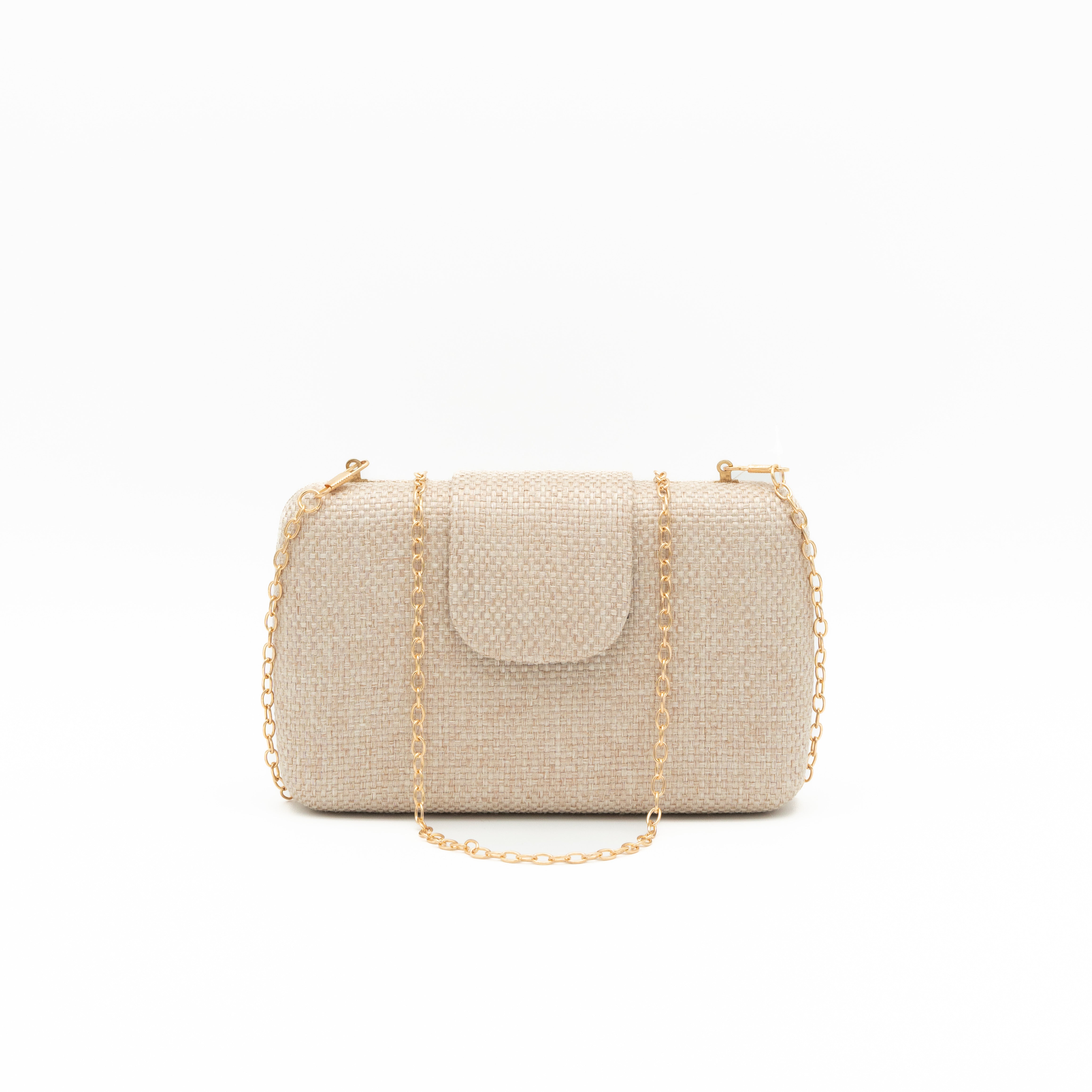 Bolso de fiesta de rafia beige con solapa y cadena metálica fina desmontable
