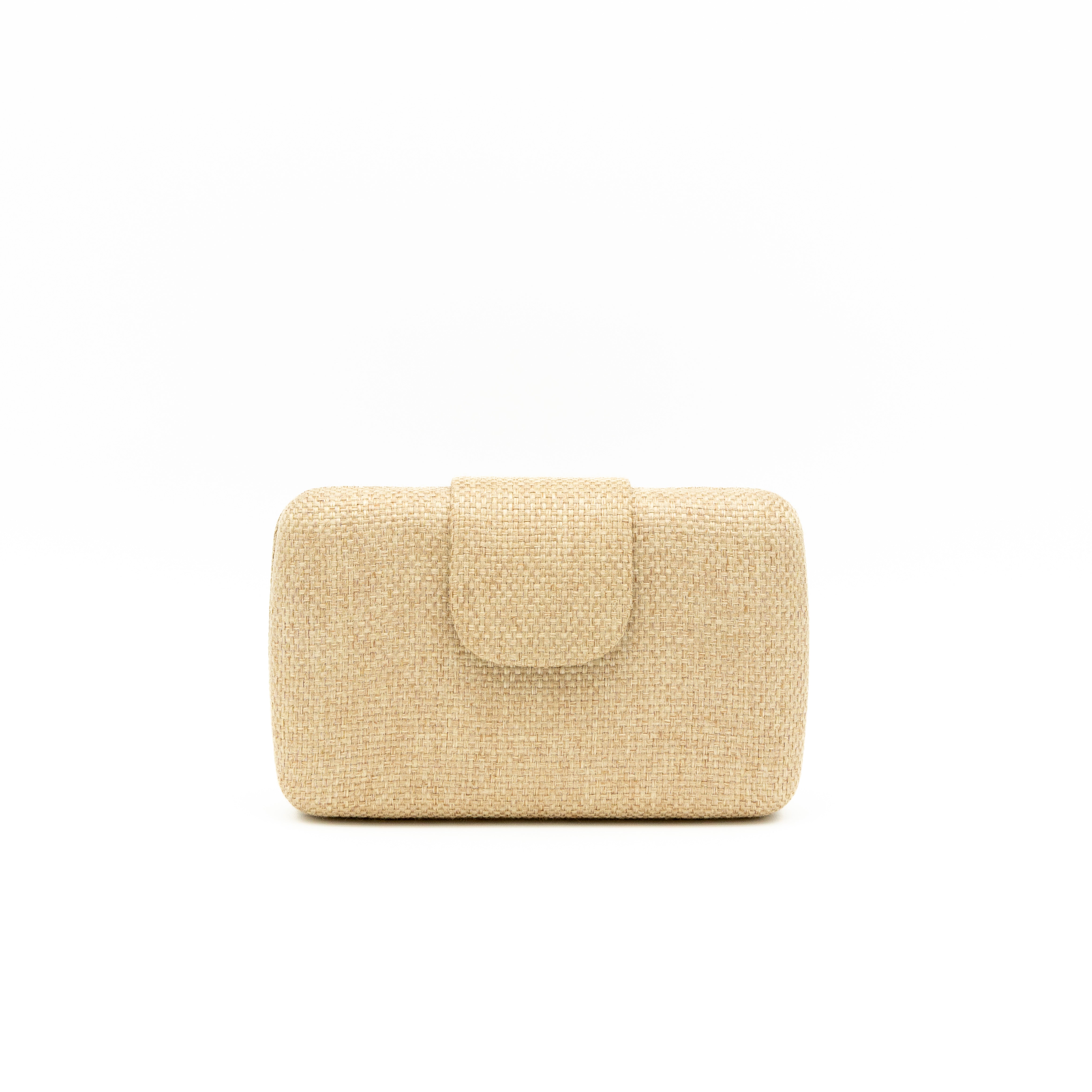 Bolso de fiesta de rafia oro con solapa y cadena metálica fina desmontable