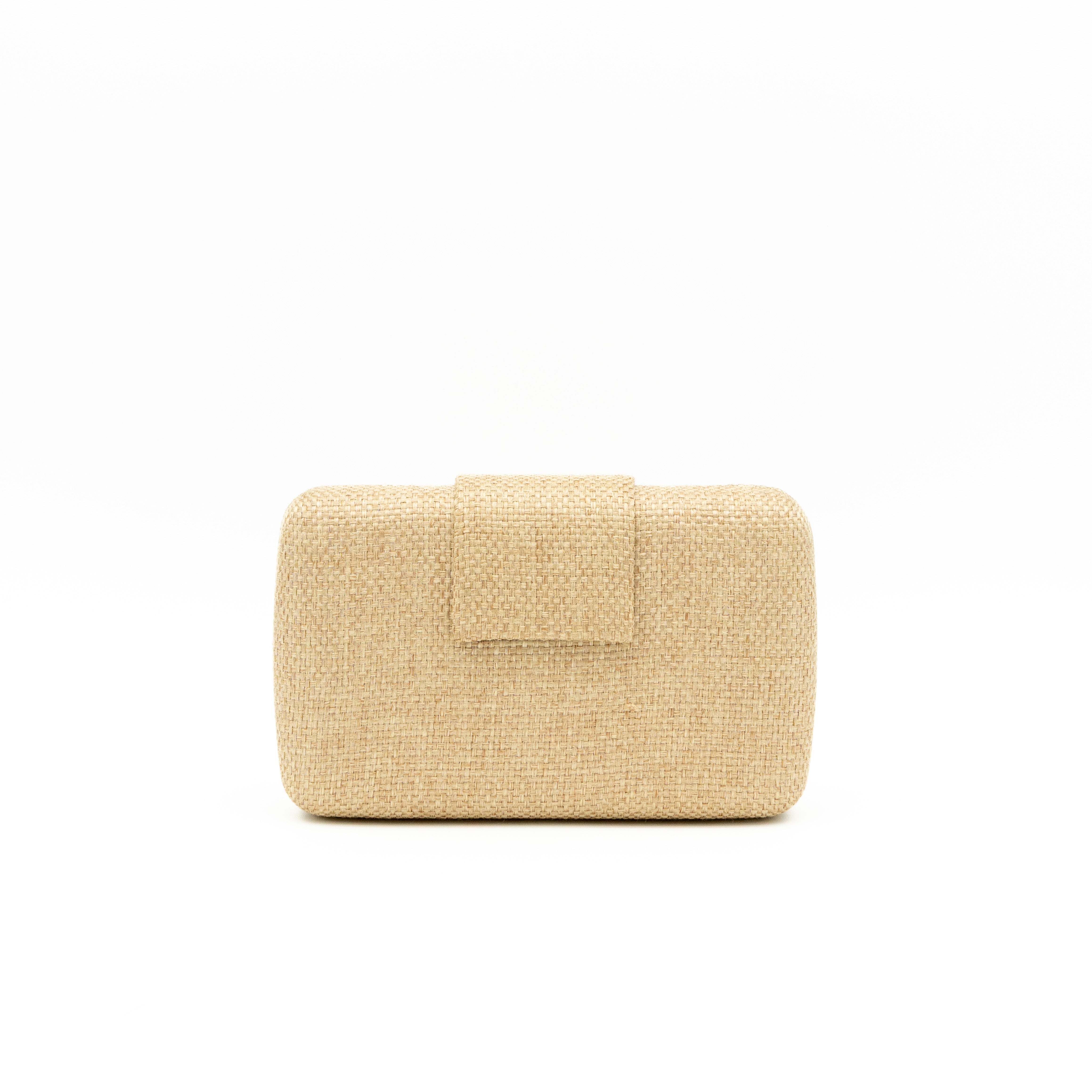 Bolso de fiesta de rafia oro con solapa y cadena metálica fina desmontable