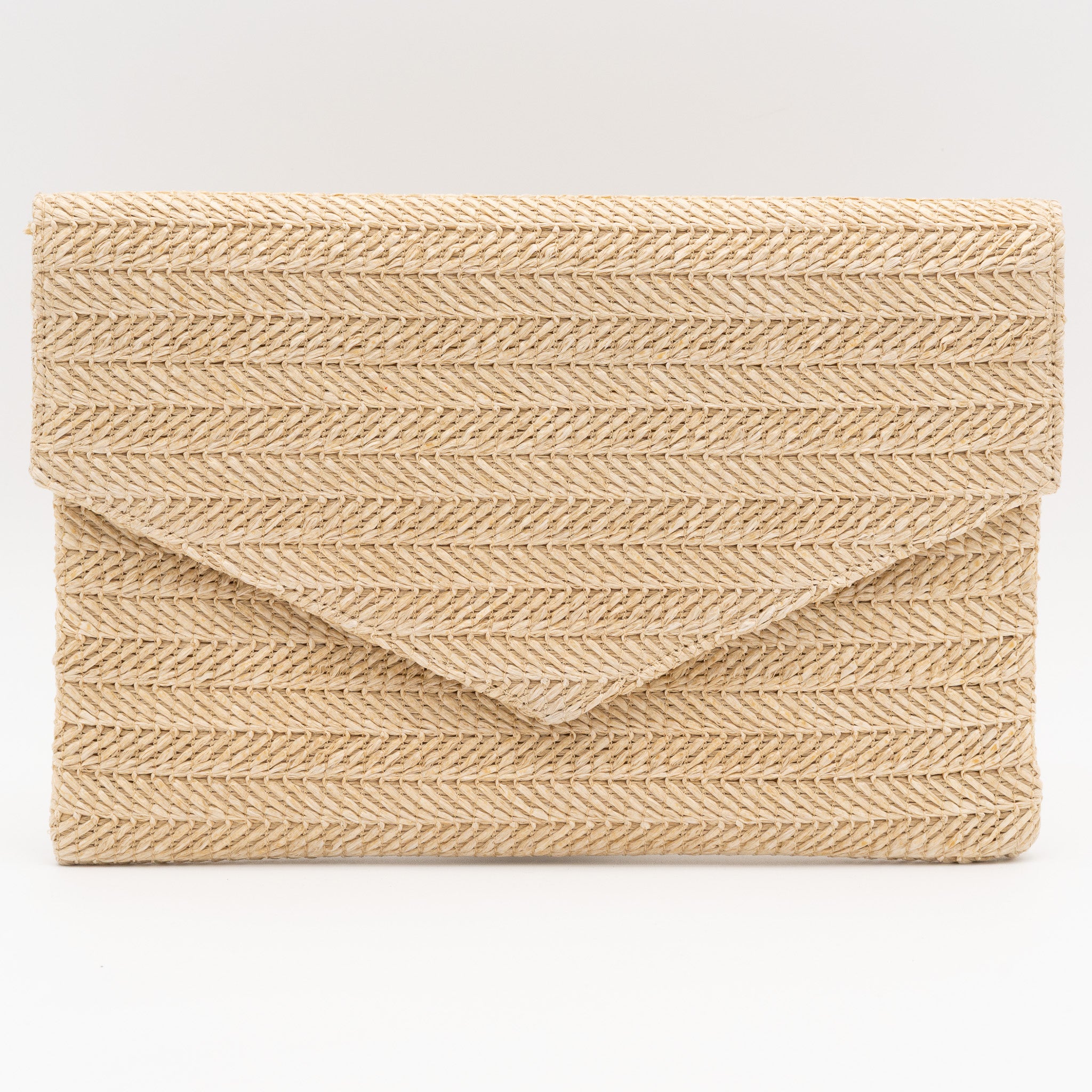 Bolso de fiesta con diseño de rafia trenzada beige en formato sobre con cadena desmontable