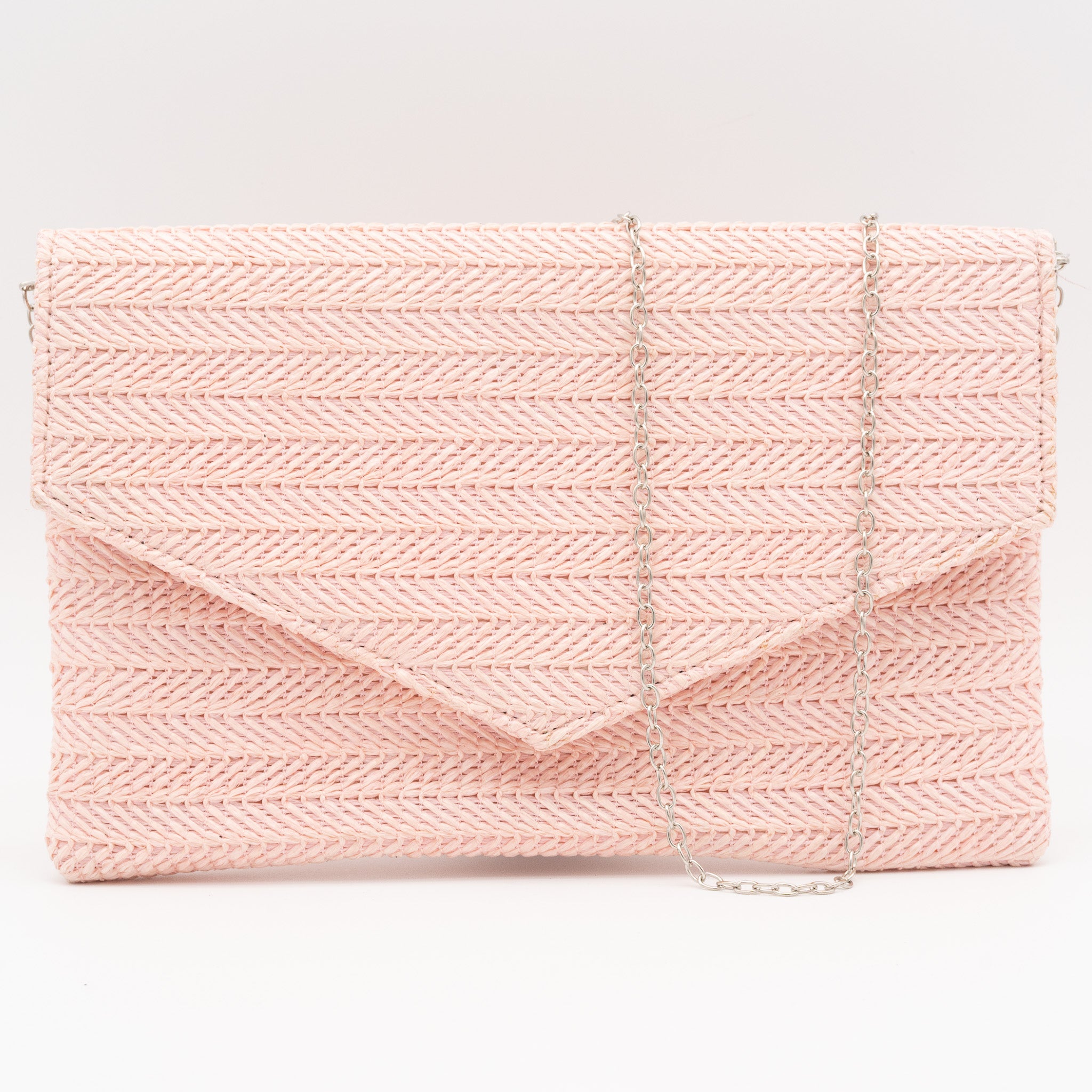 Bolso de fiesta con diseño de rafia trenzada rosa en formato sobre con cadena desmontable