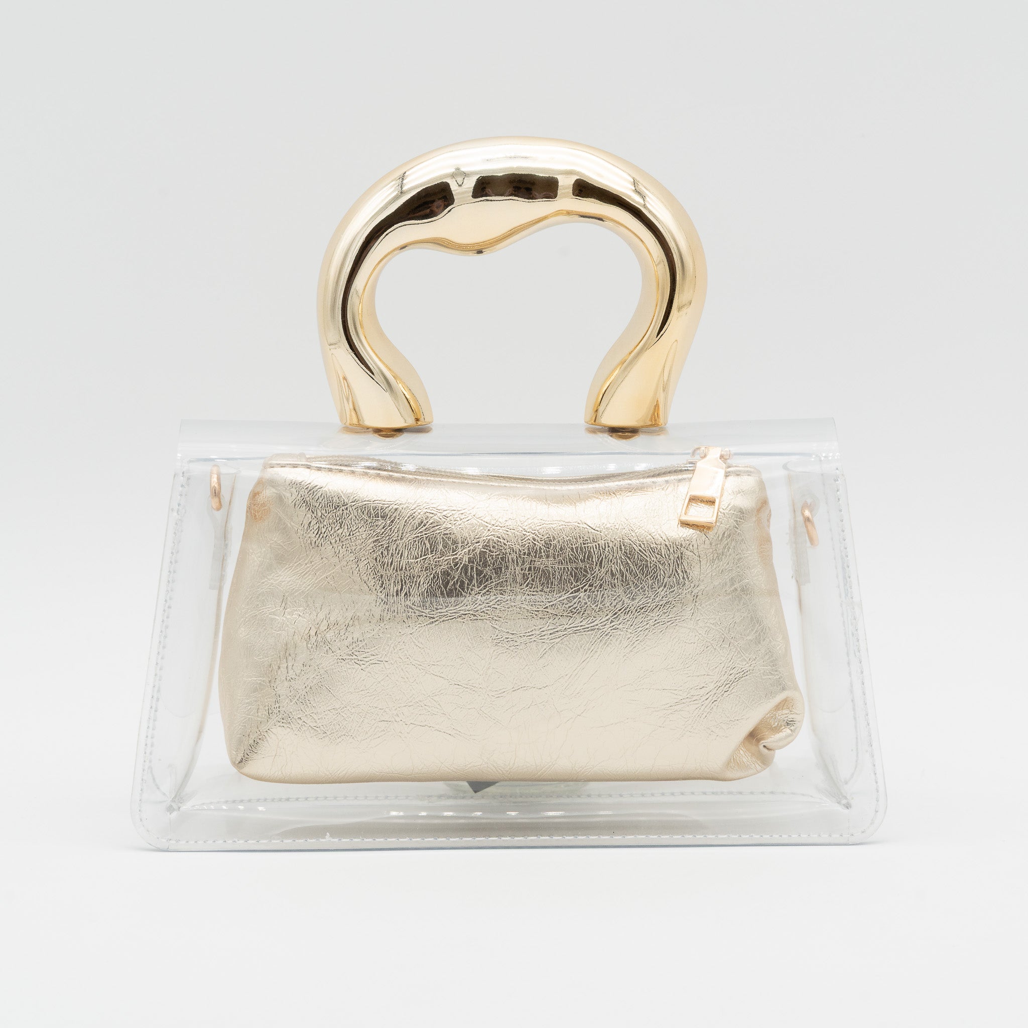 Bolso de fiesta transparente con asa efecto metálico e interior de polipiel oro con cremallera