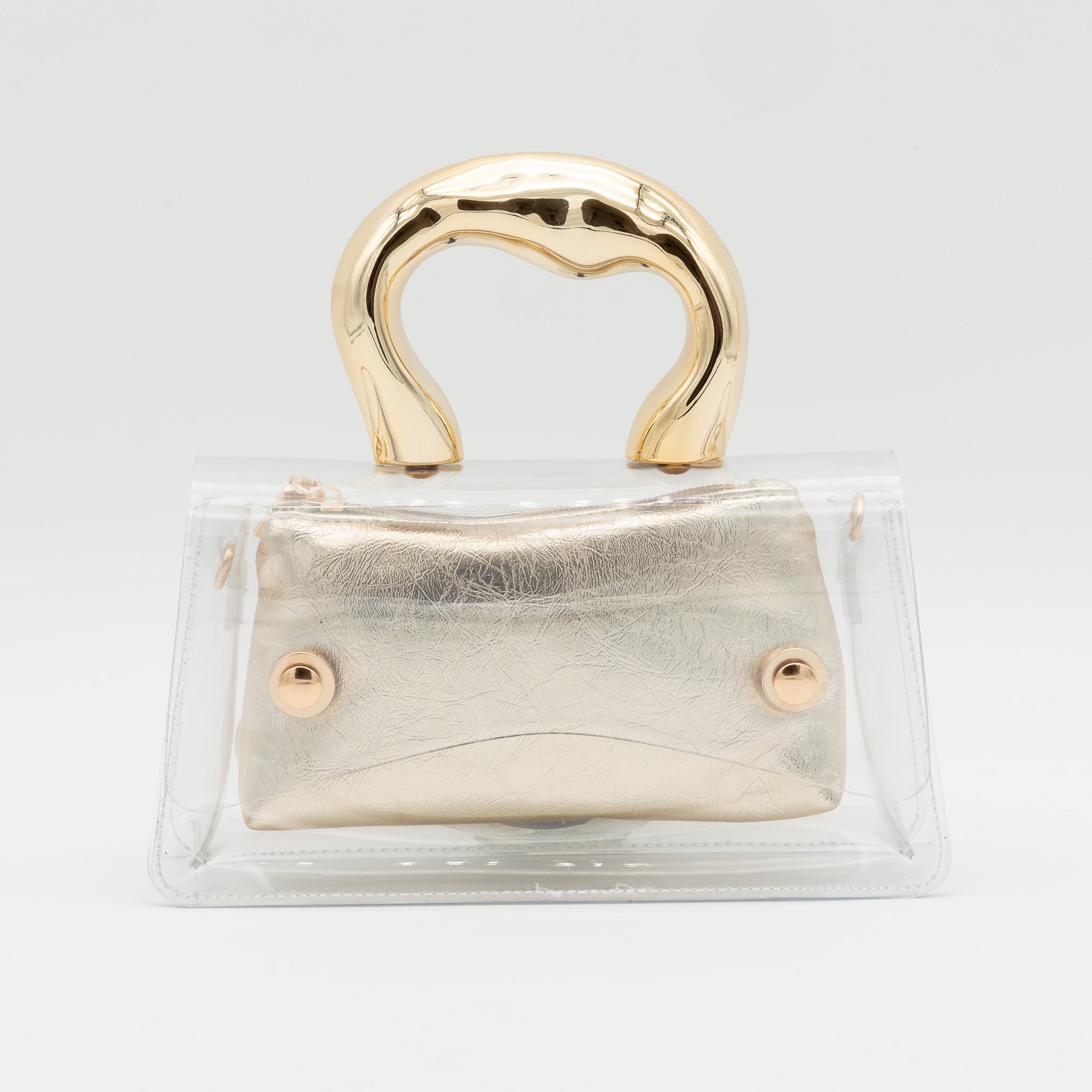 Bolso de fiesta transparente con asa efecto metálico e interior de polipiel oro con cremallera