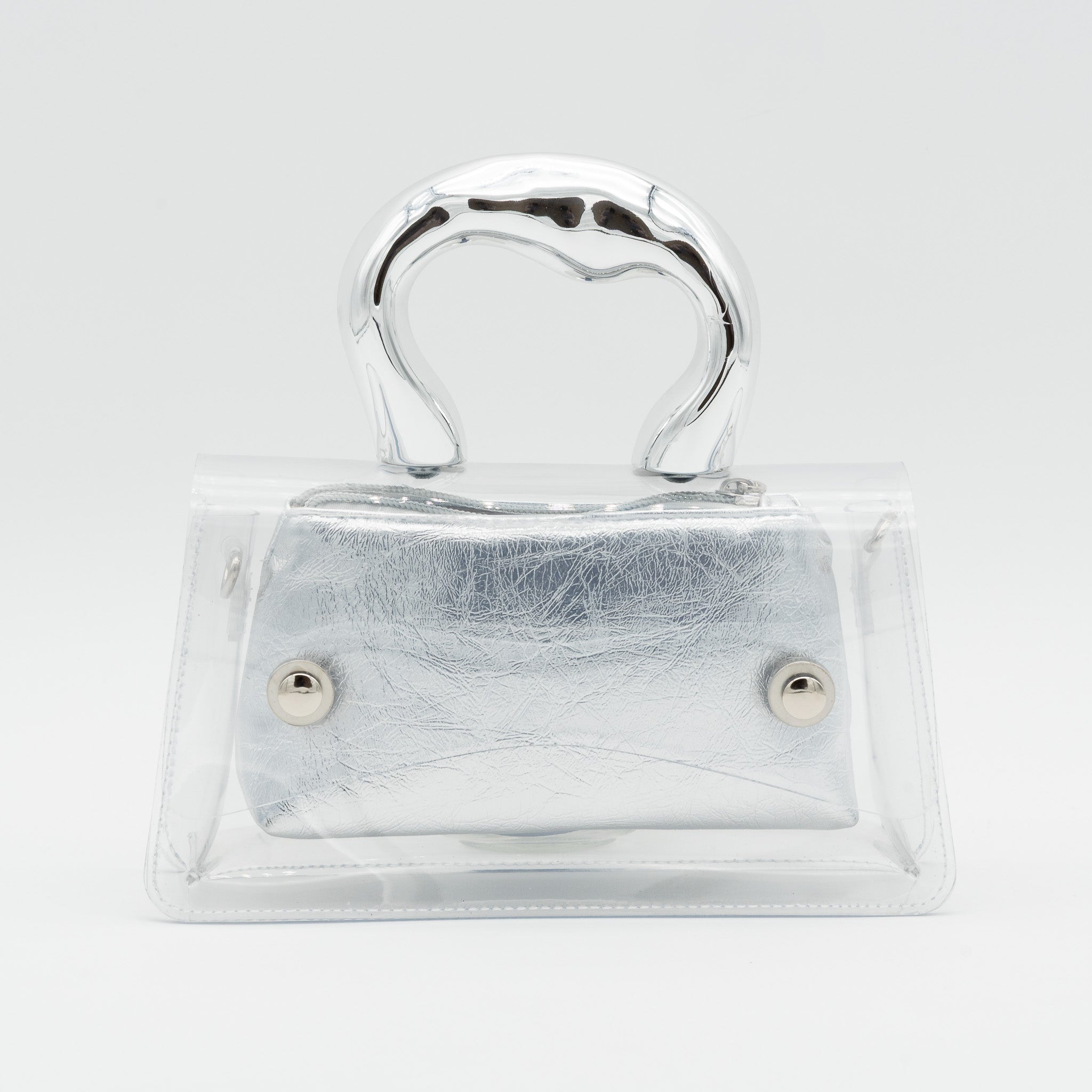 Bolso de fiesta transparente con asa efecto metálico e interior de polipiel plata con cremallera