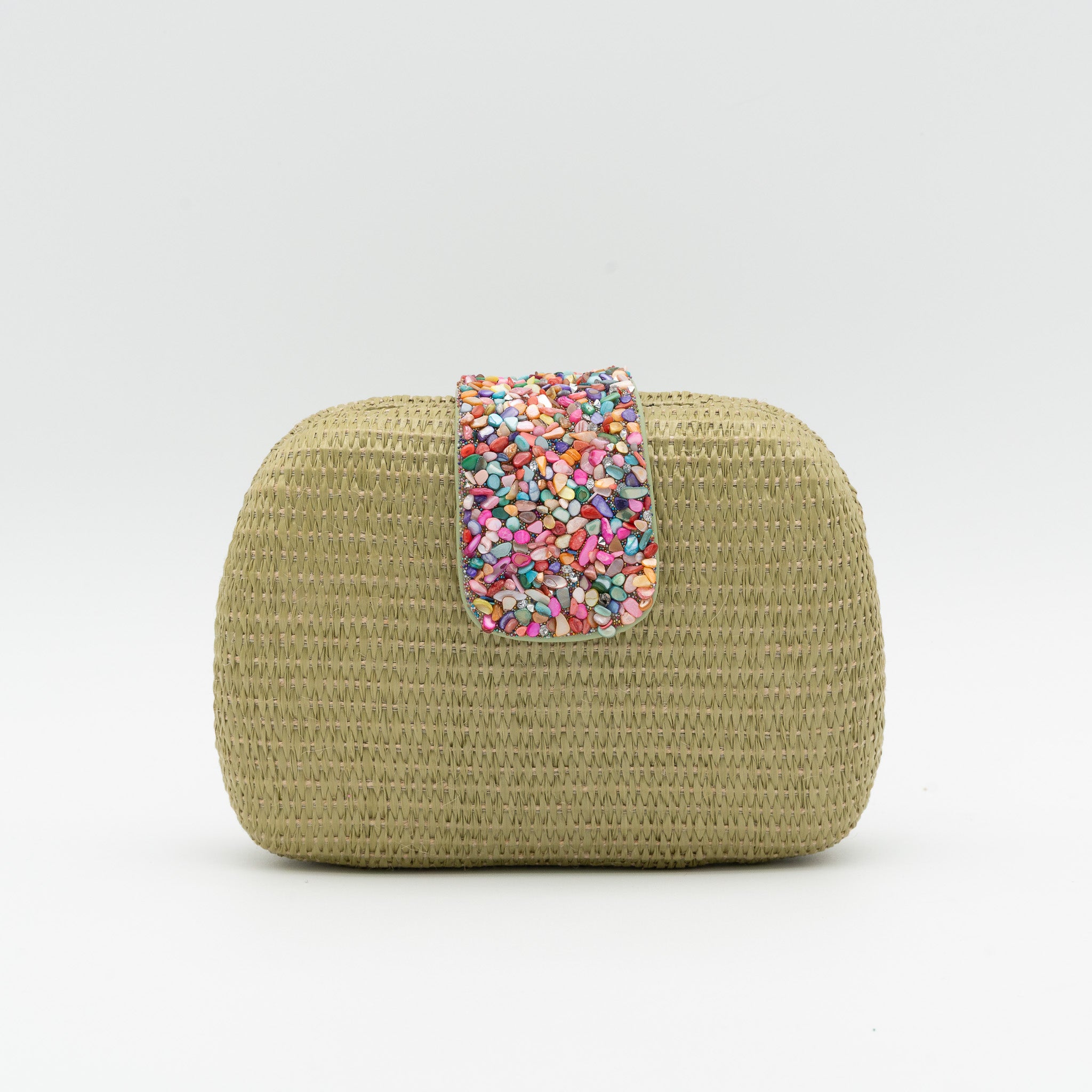 Bolso de fiesta en rafia oliva con solapa de piedras multicolor y cadena desmontable