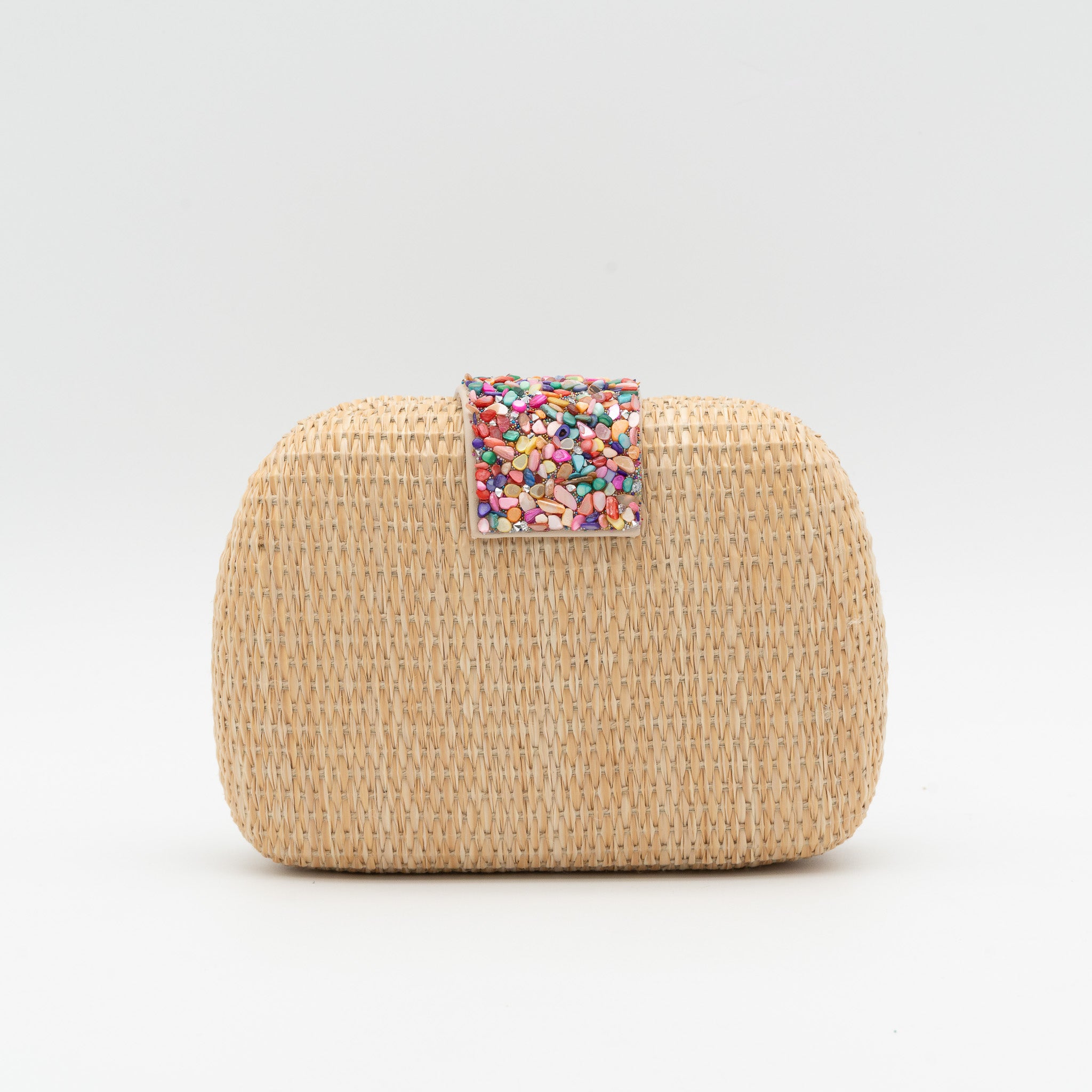 Bolso de fiesta en rafia taupe con solapa de piedras multicolor y cadena desmontable