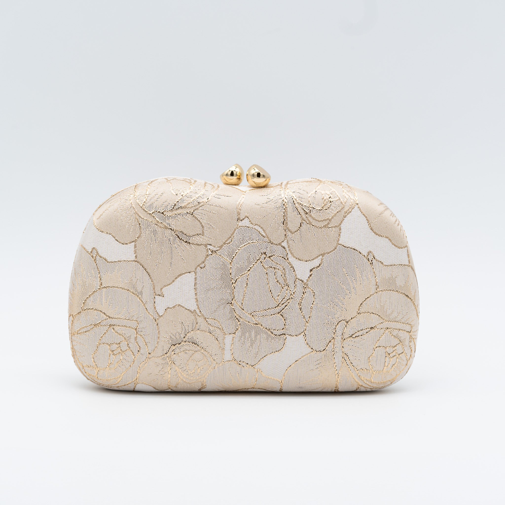 Clutch de fiesta con bordado de rosas, cierre de bolitas y cadena desmontable. Color oro claro