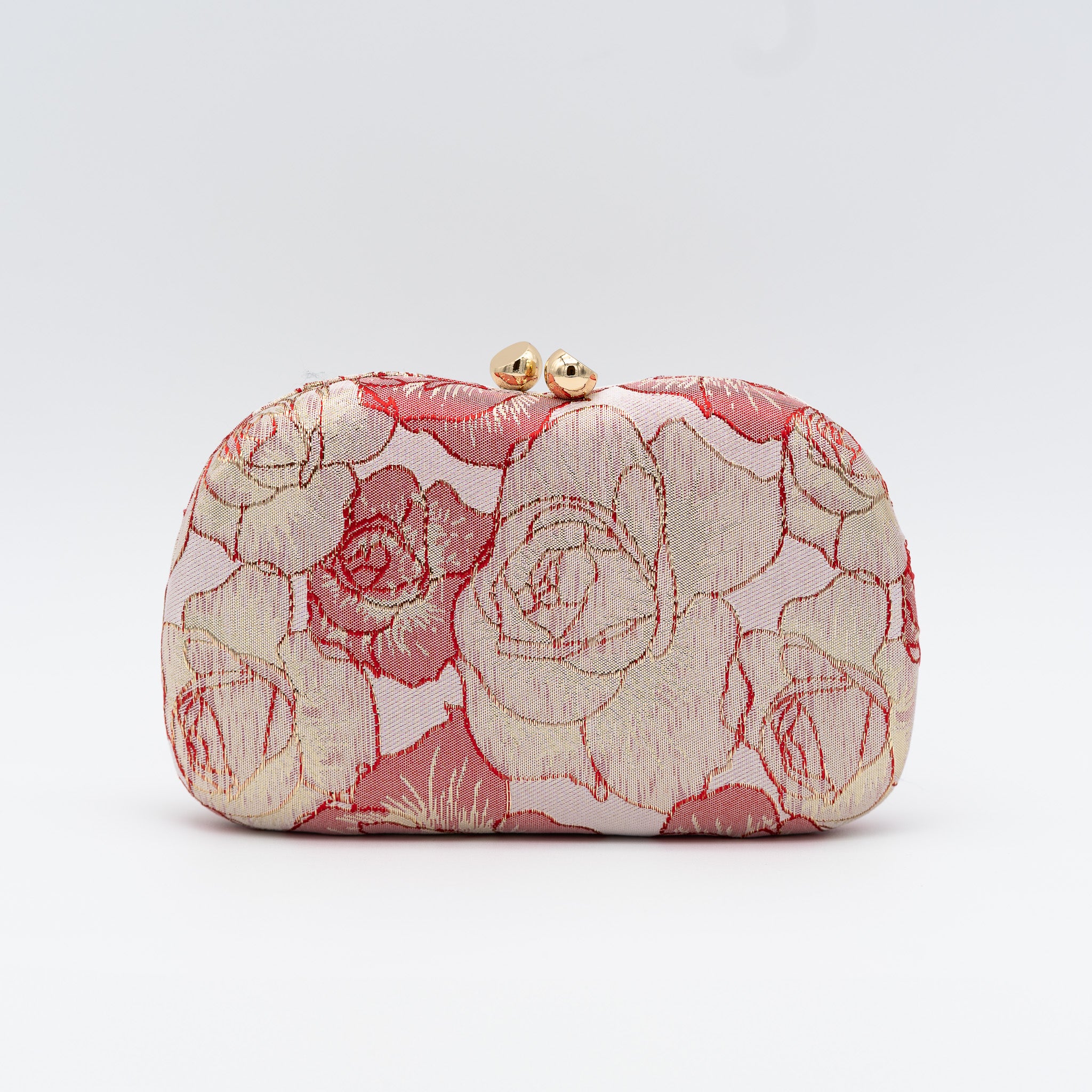 Clutch de fiesta con bordado de rosas, cierre de bolitas y cadena desmontable. Color rojo