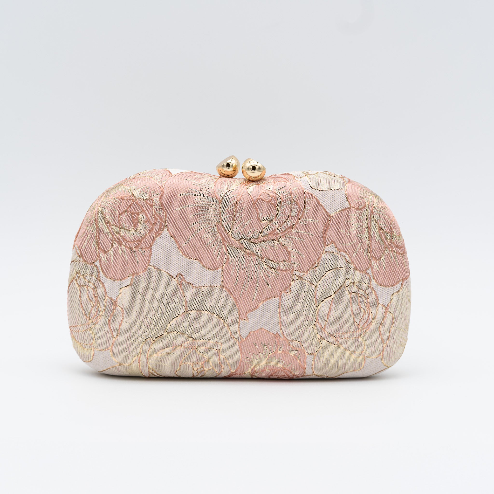 Clutch de fiesta con bordado de rosas, cierre de bolitas y cadena desmontable. Color rosa