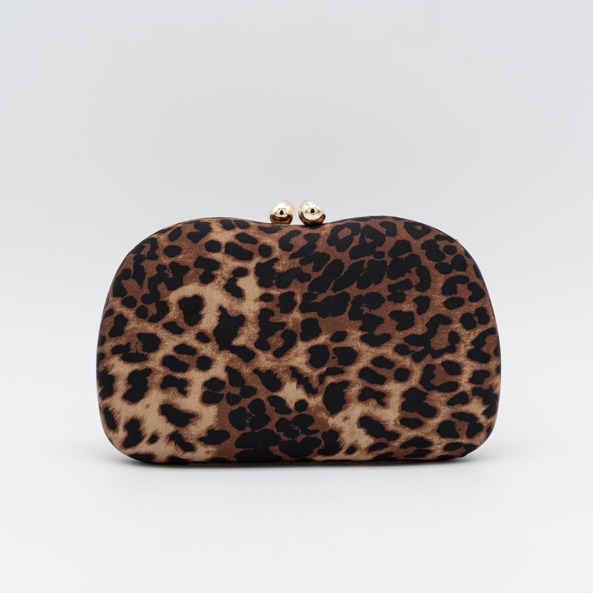 Bolso clutch de fiesta con estampado de leopardo, cierre dorado de bolitas y cadena extraible