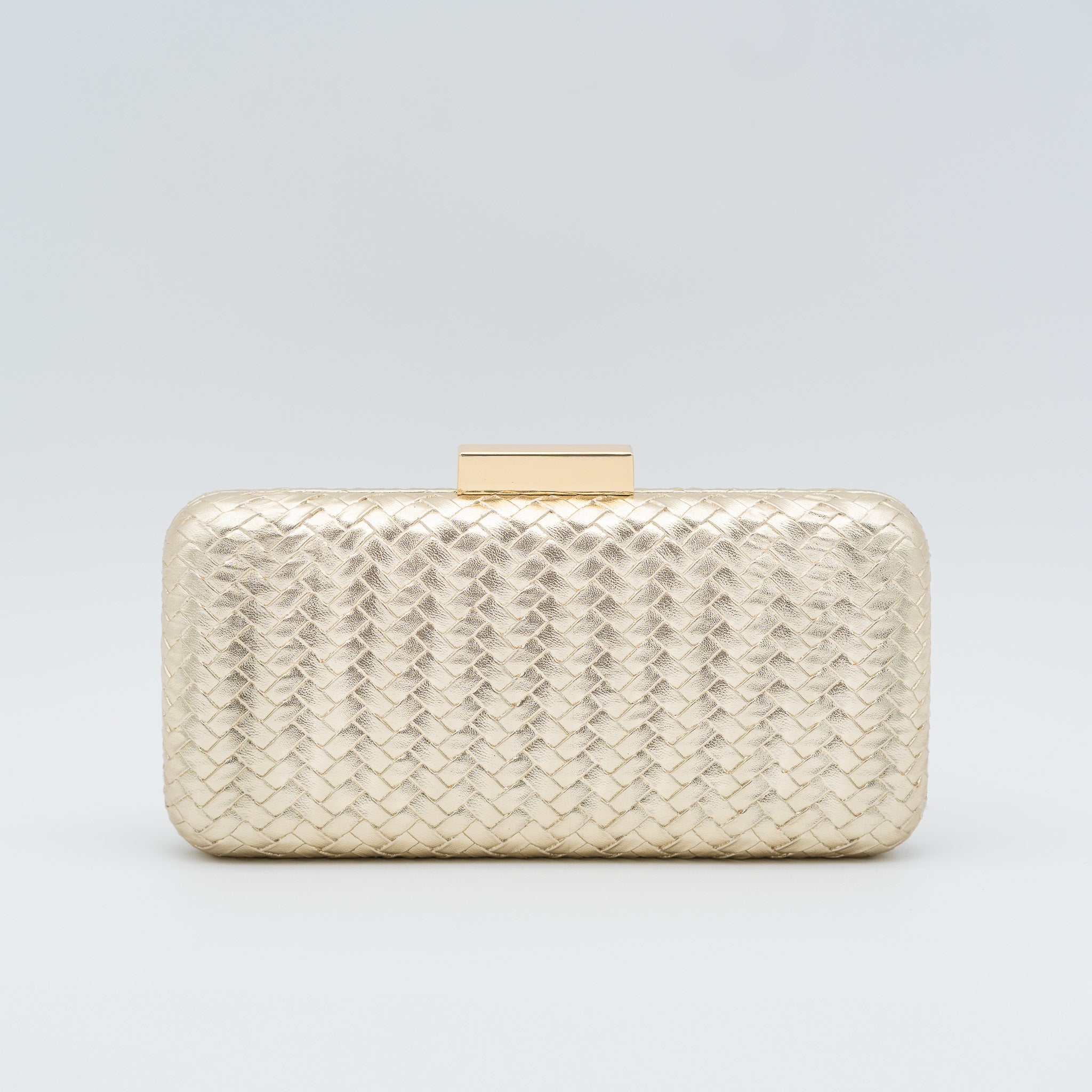 Clutch de fiesta rectangular con efecto trenzado metalizado oro, cierre tipo barra y cadena desmontable