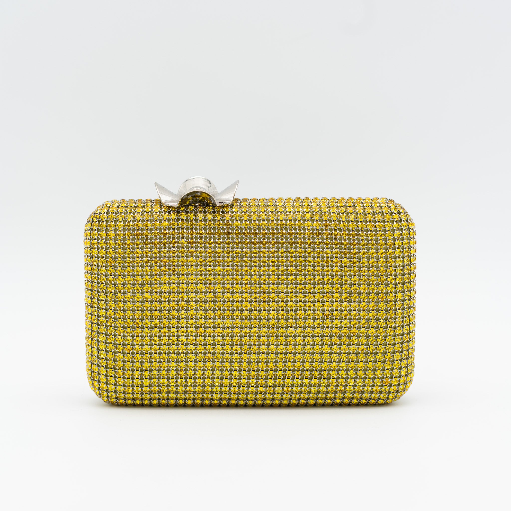 Clutch de fiesta con pedrería lima, cierre en forma de flor y cadena desmontable, ideal para bodas y cócteles