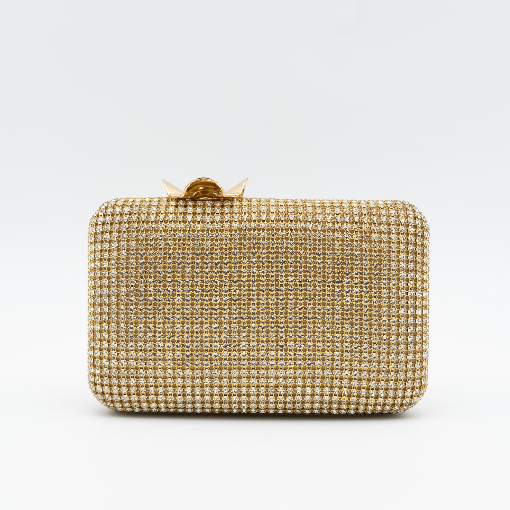 Clutch de fiesta con pedrería oro claro, cierre en forma de flor y cadena desmontable, ideal para bodas y cócteles