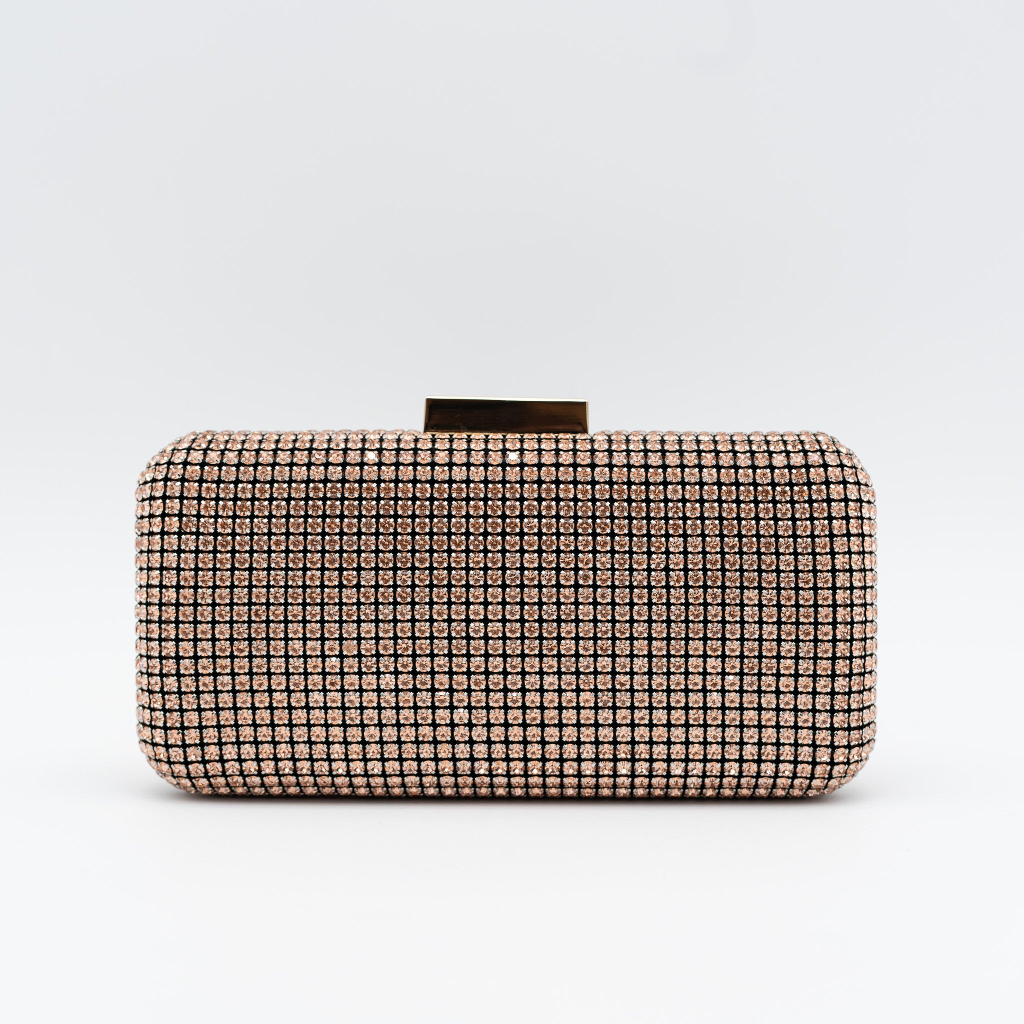 Clutch de fiesta champán con pedrería completa, cierre metálico y cadena desmontable, ideal para bodas y cócteles