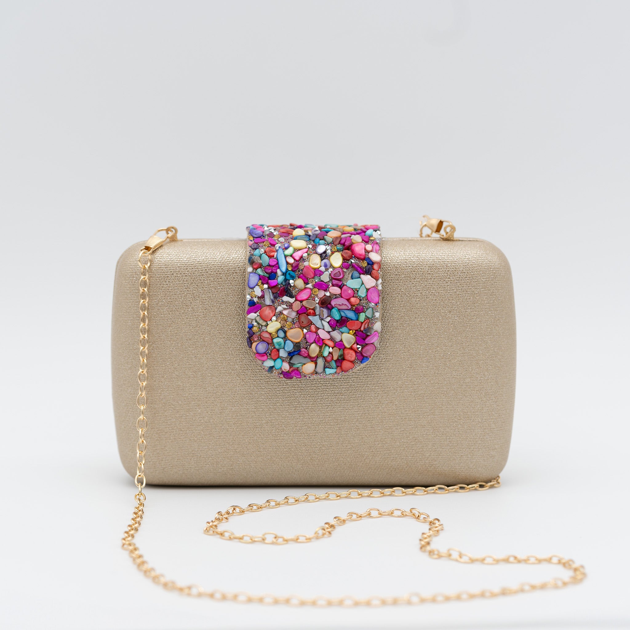 Bolso clutch de fiesta polipiel en oro con cierre de pedrería multicolor