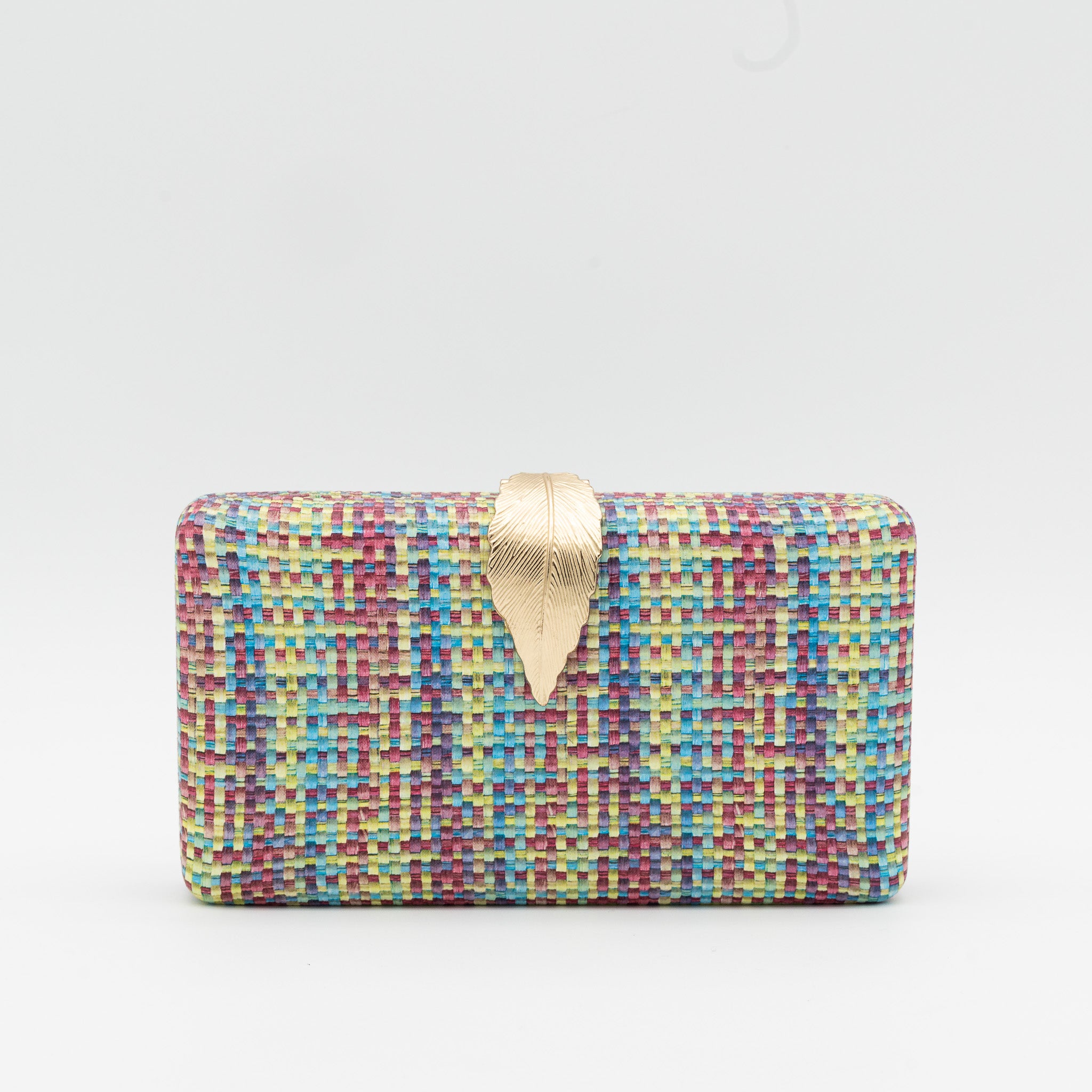 Clutch de fiesta en polipiel multicolor lima con cierre de hoja metálica y cadena desmontable, ideal para bodas y cócteles