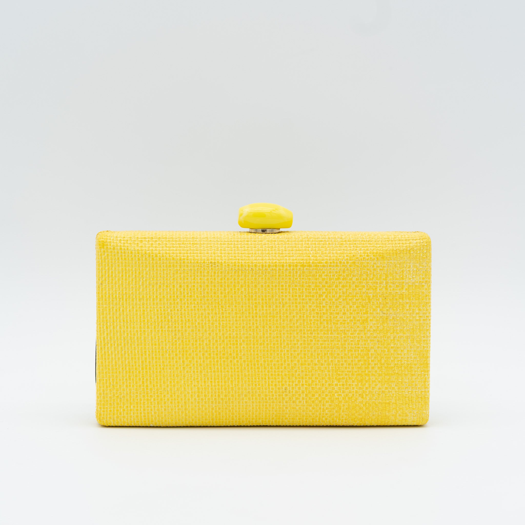 Clutch de fiesta en rafia amarillo con cierre con abalorio y cadena desmontable, ideal para bodas y cócteles