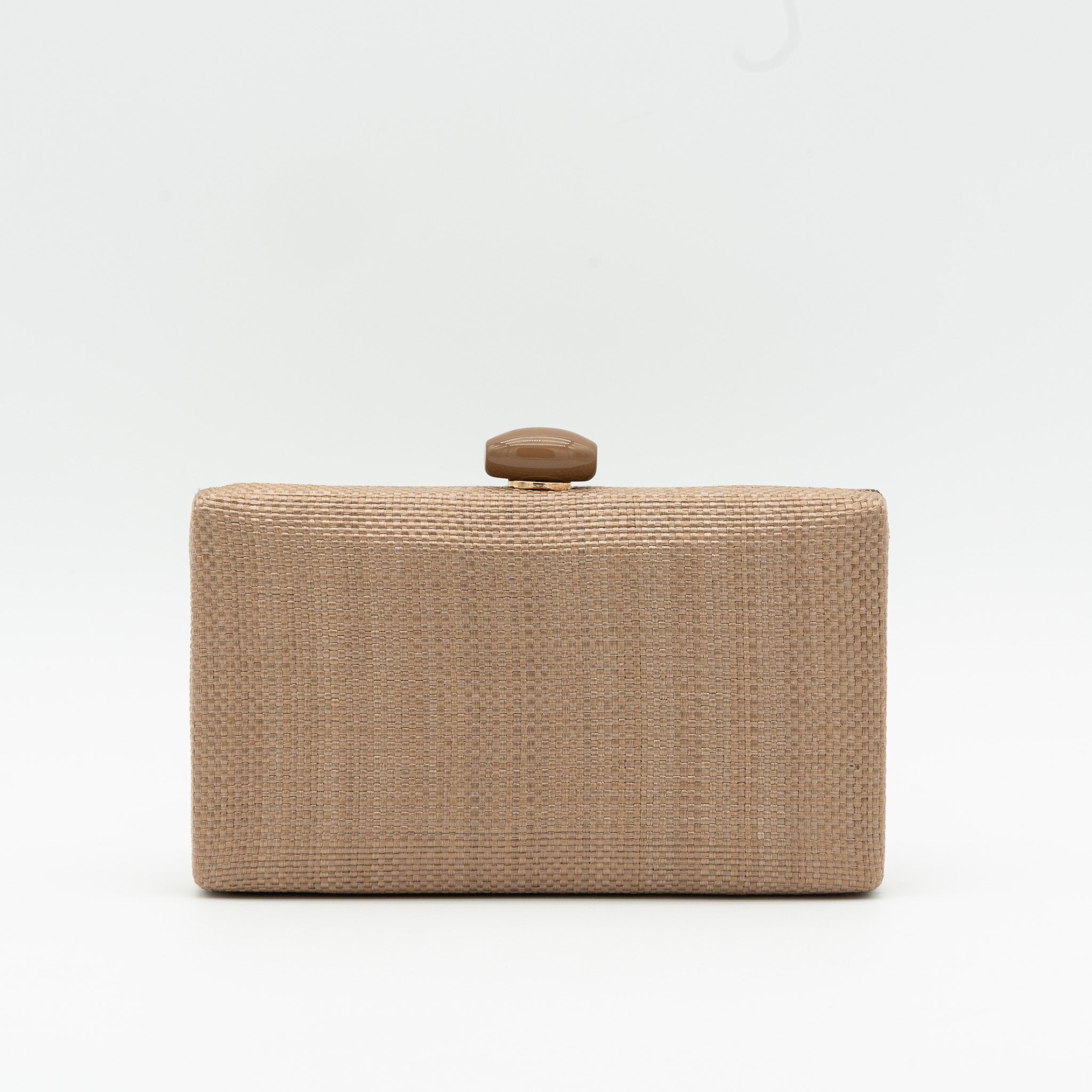 Clutch de fiesta en rafia coffee con cierre con abalorio y cadena desmontable, ideal para bodas y cócteles