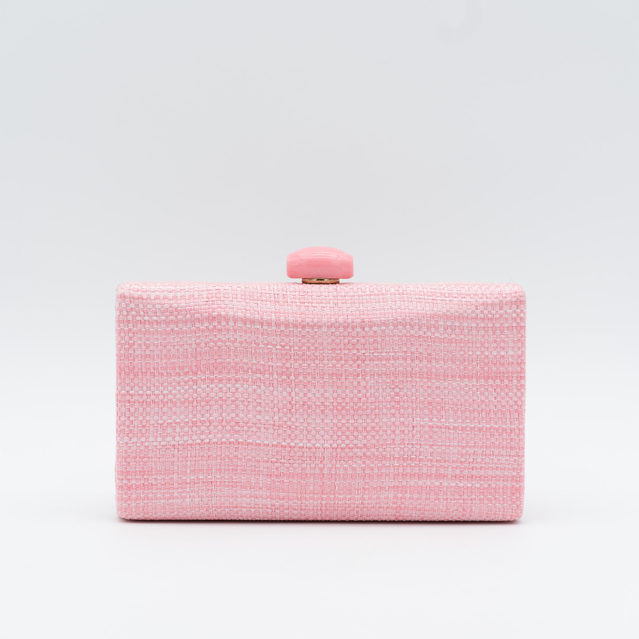Clutch de fiesta en rafia rosa con cierre con abalorio y cadena desmontable, ideal para bodas y cócteles