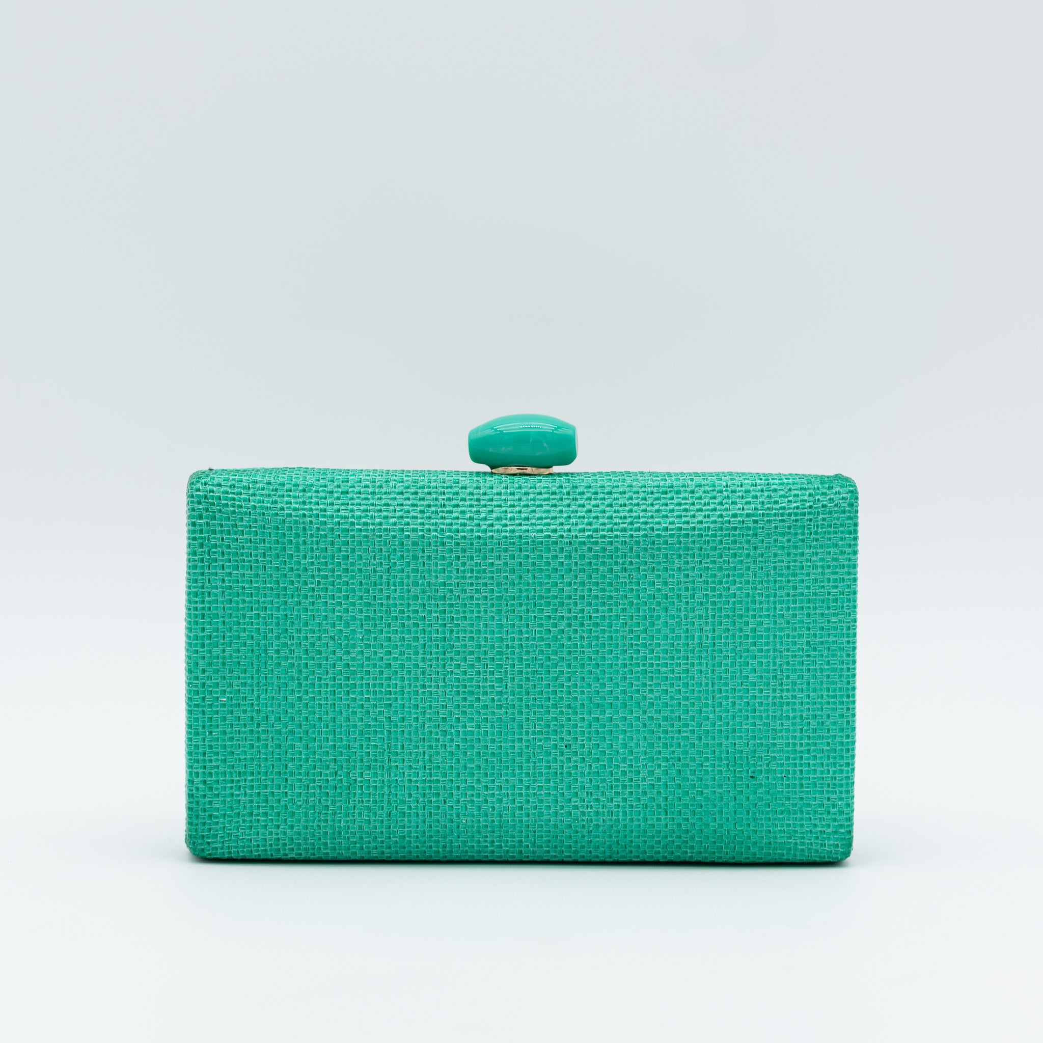Clutch de fiesta en rafia verde con cierre con abalorio y cadena desmontable, ideal para bodas y cócteles