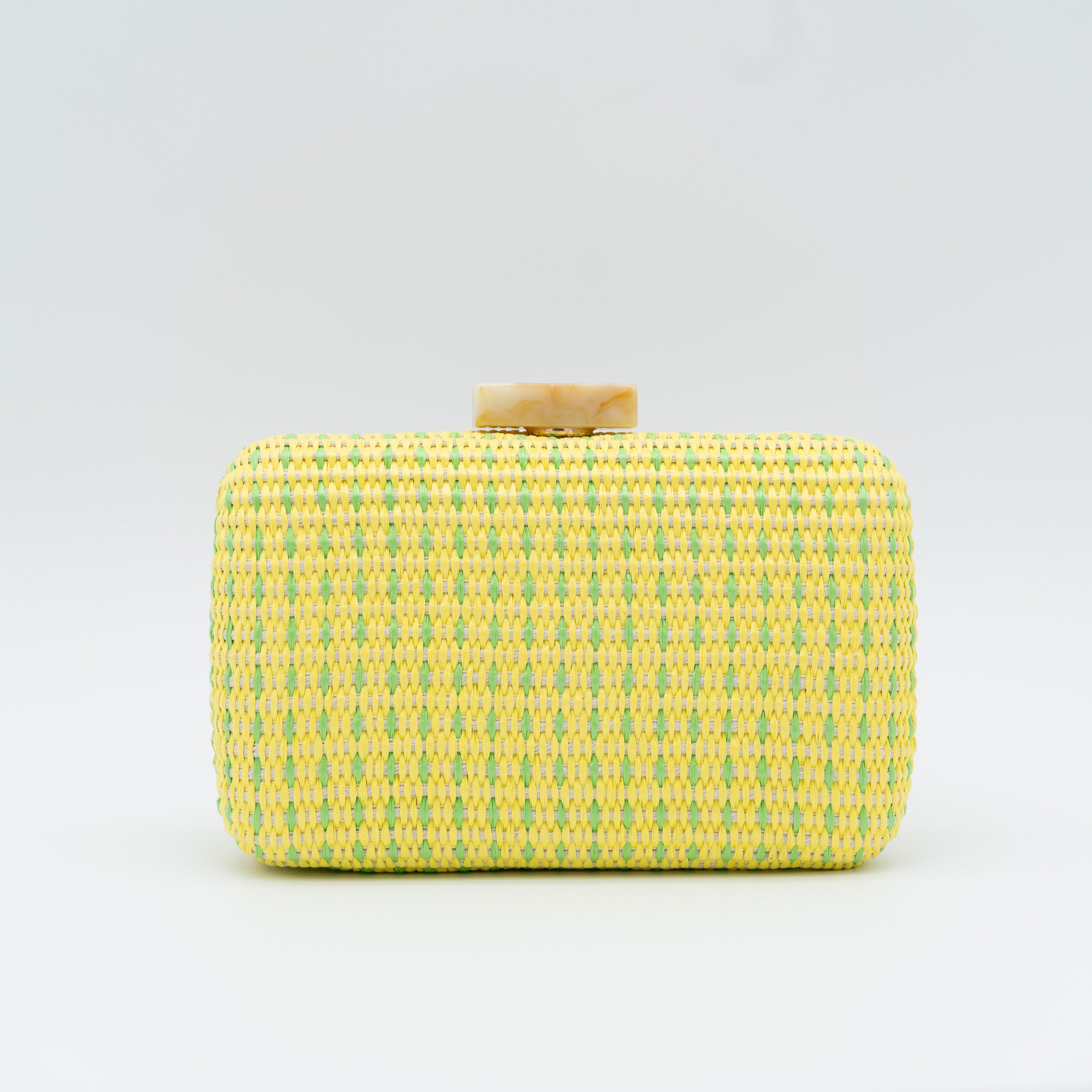 Clutch de fiesta en rafia amarillo con cierre de efecto mármol y cadena desmontable